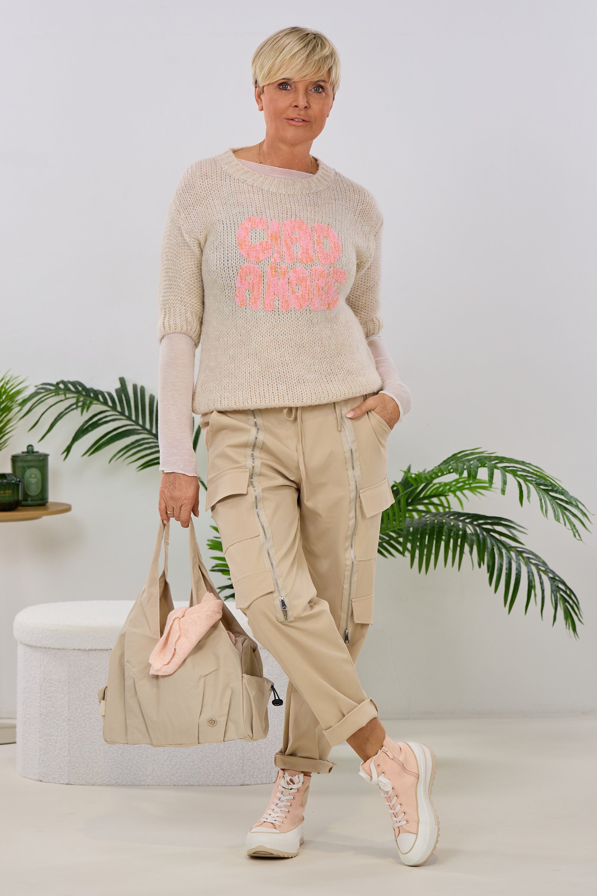 Kurzarm Strickpulli CIAO AMORE, beige-rosa