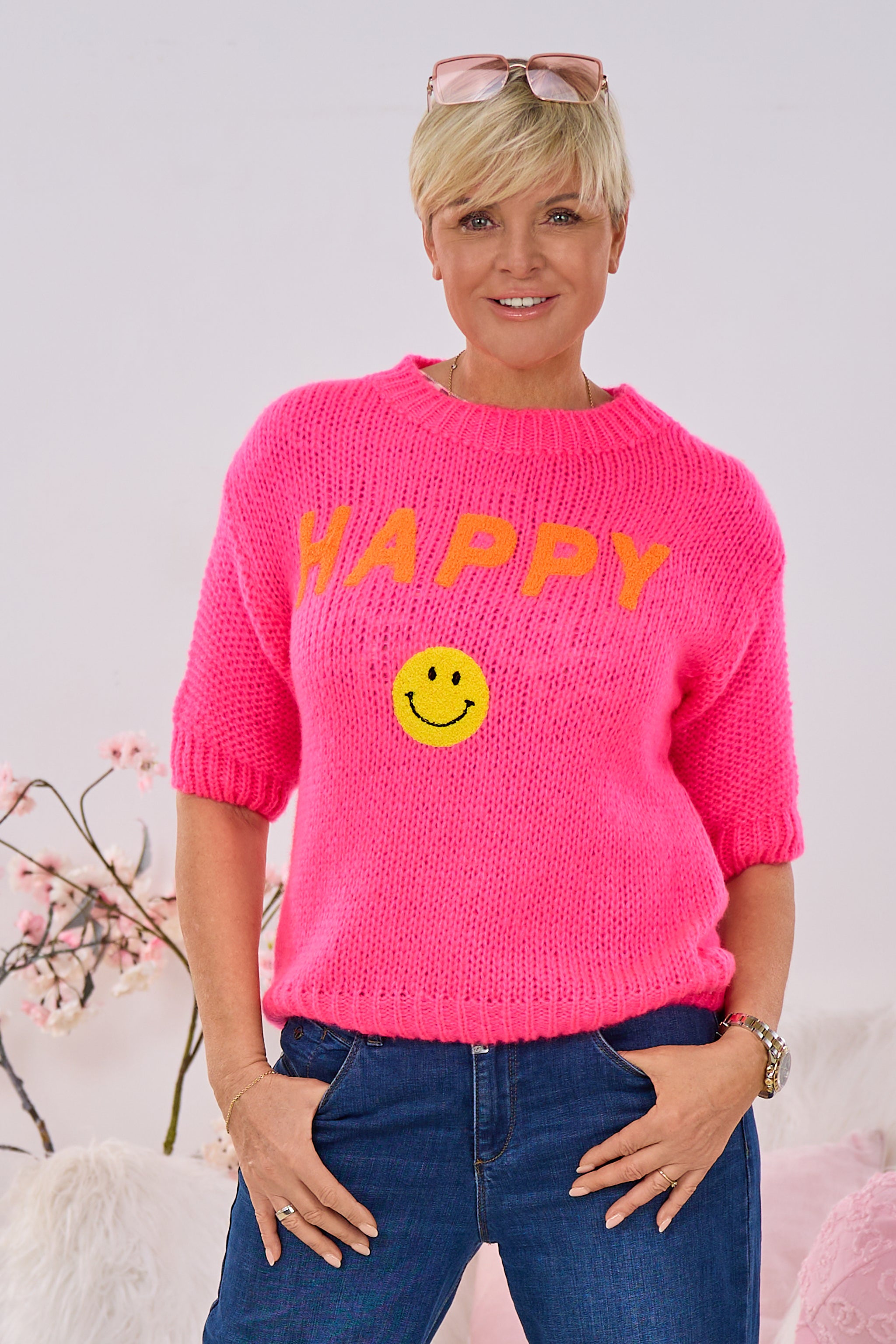 Kurzarm Strickpulli HAPPY, pink-orange-gelb