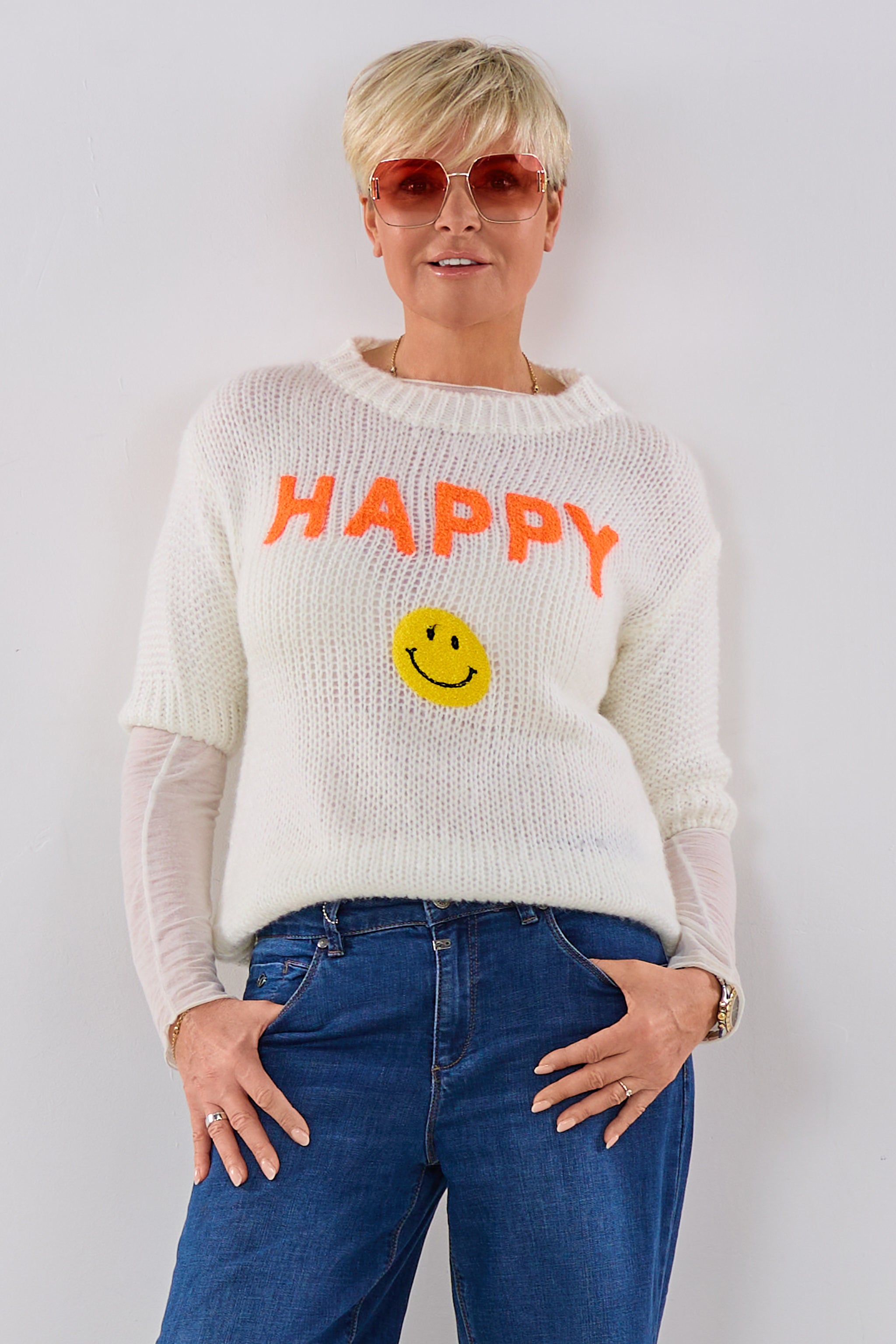 Kurzarm Strickpulli HAPPY, ecru-orange-gelb