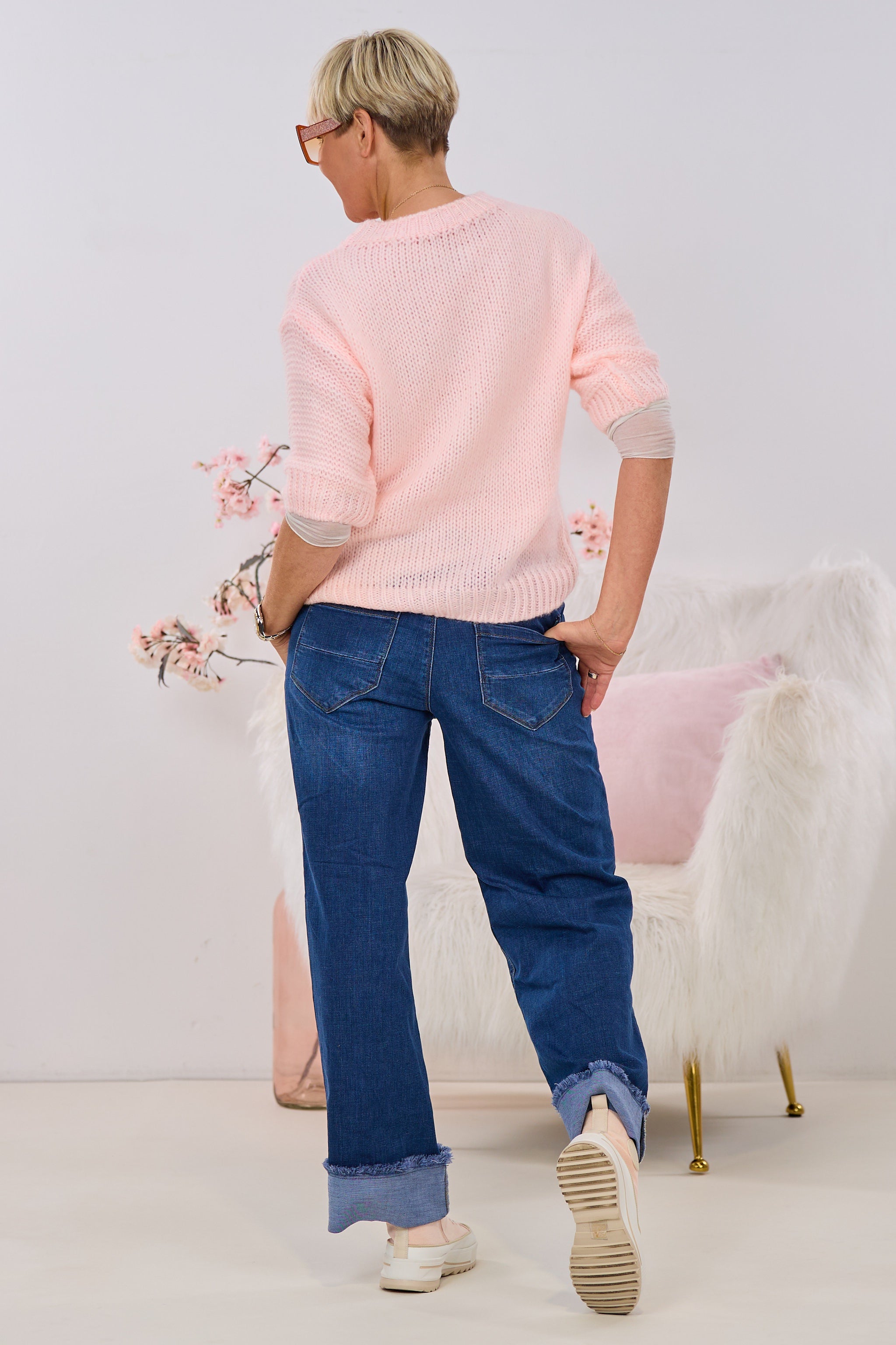 Kurzarm Strickpulli HAPPY, rosa-orange-gelb