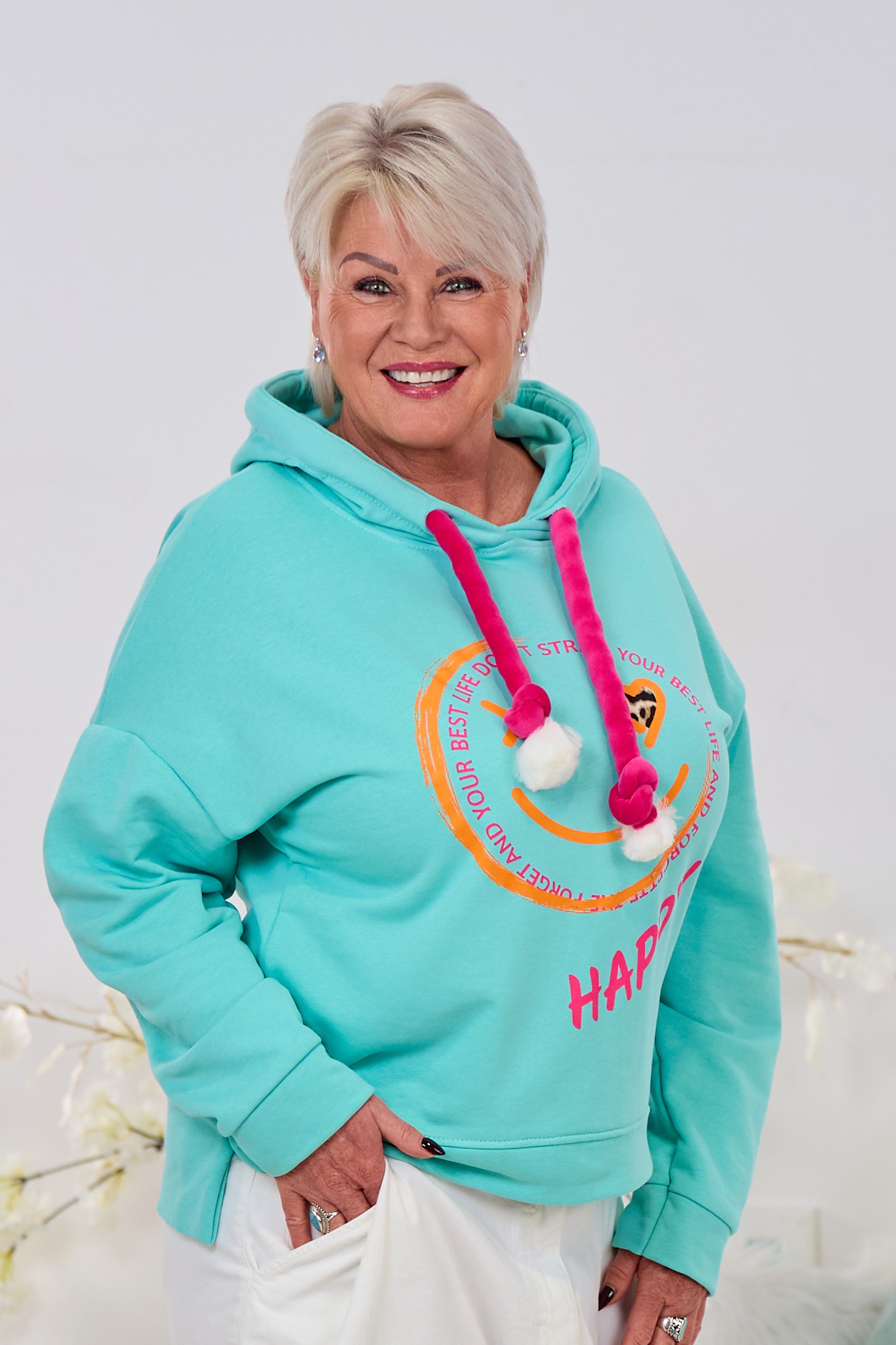 Hoodie HAPPY, türkis-pink-orange