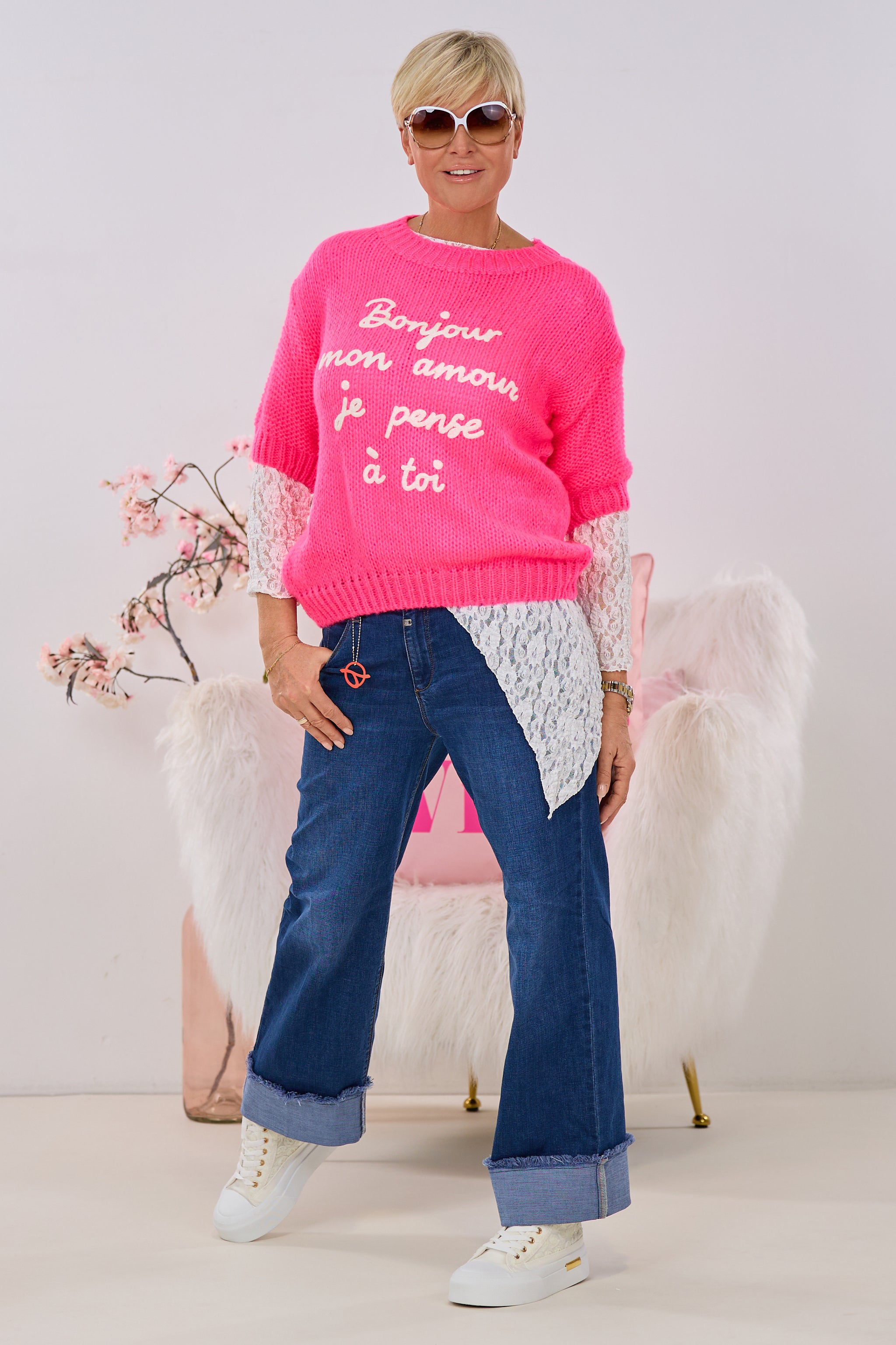 Kurzarm Strickpulli Bonjour, pink