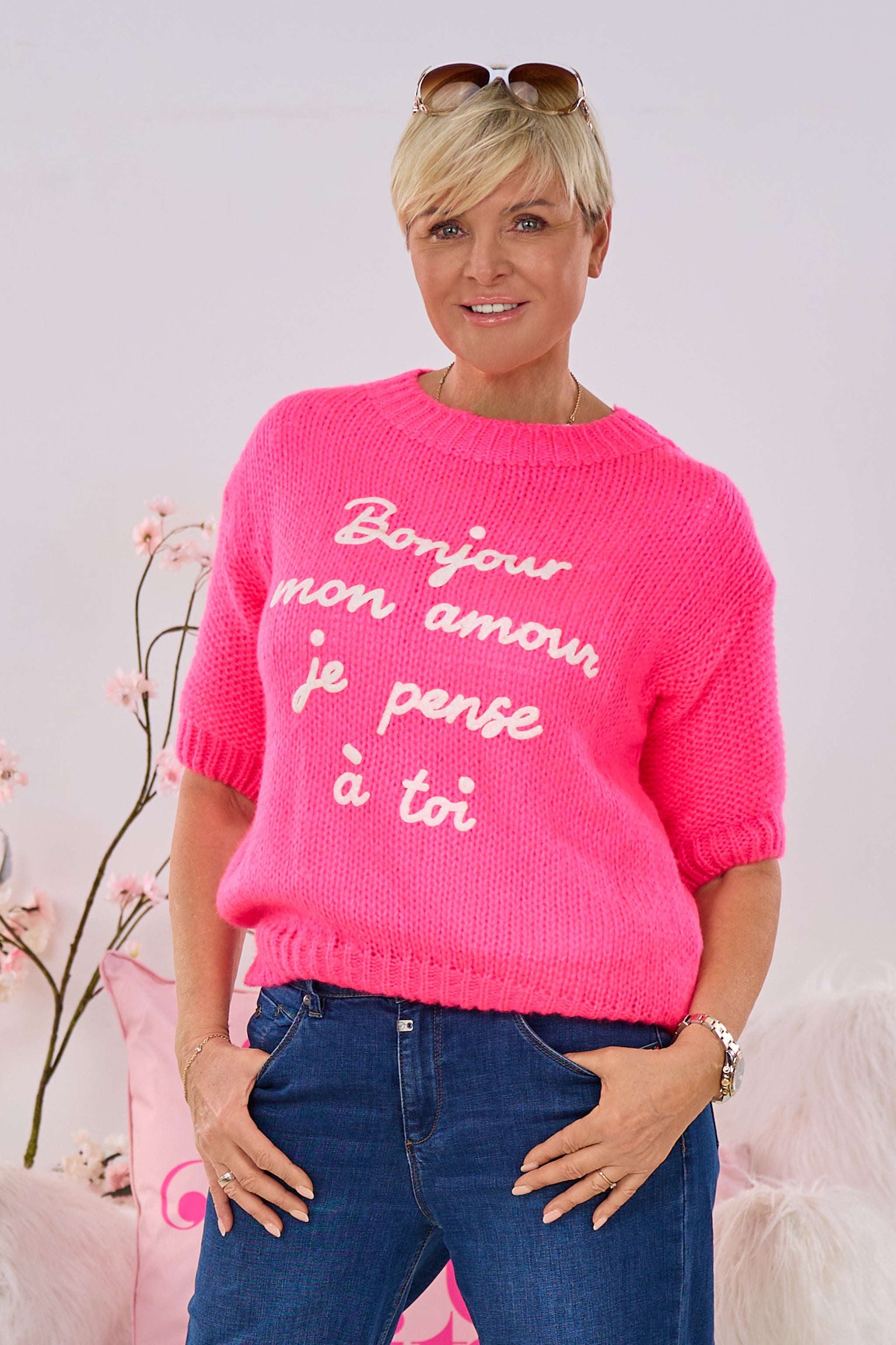 Kurzarm Strickpulli Bonjour, pink