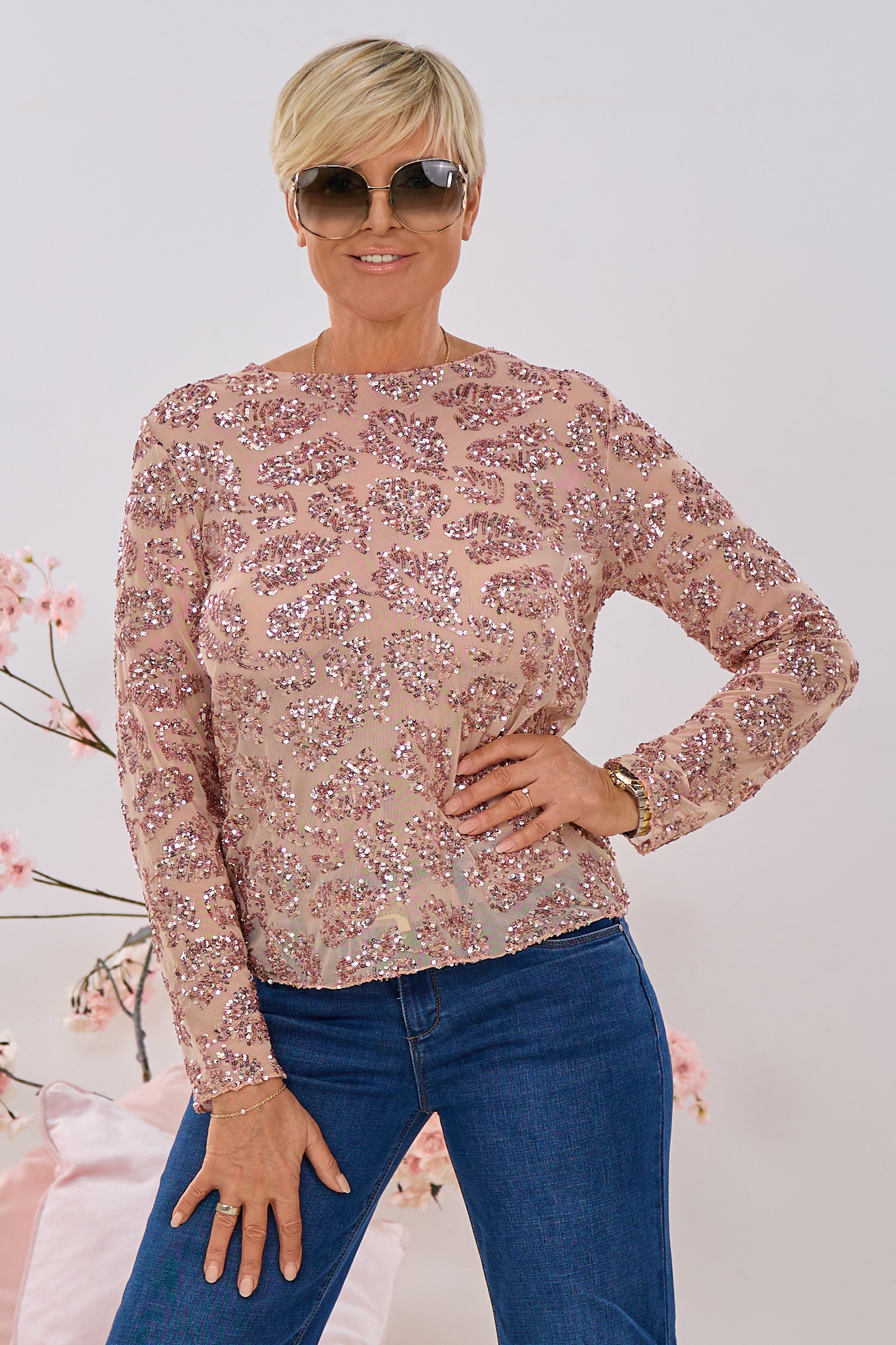 Feines Netzshirt mit Pailletten, altrosa-bronze