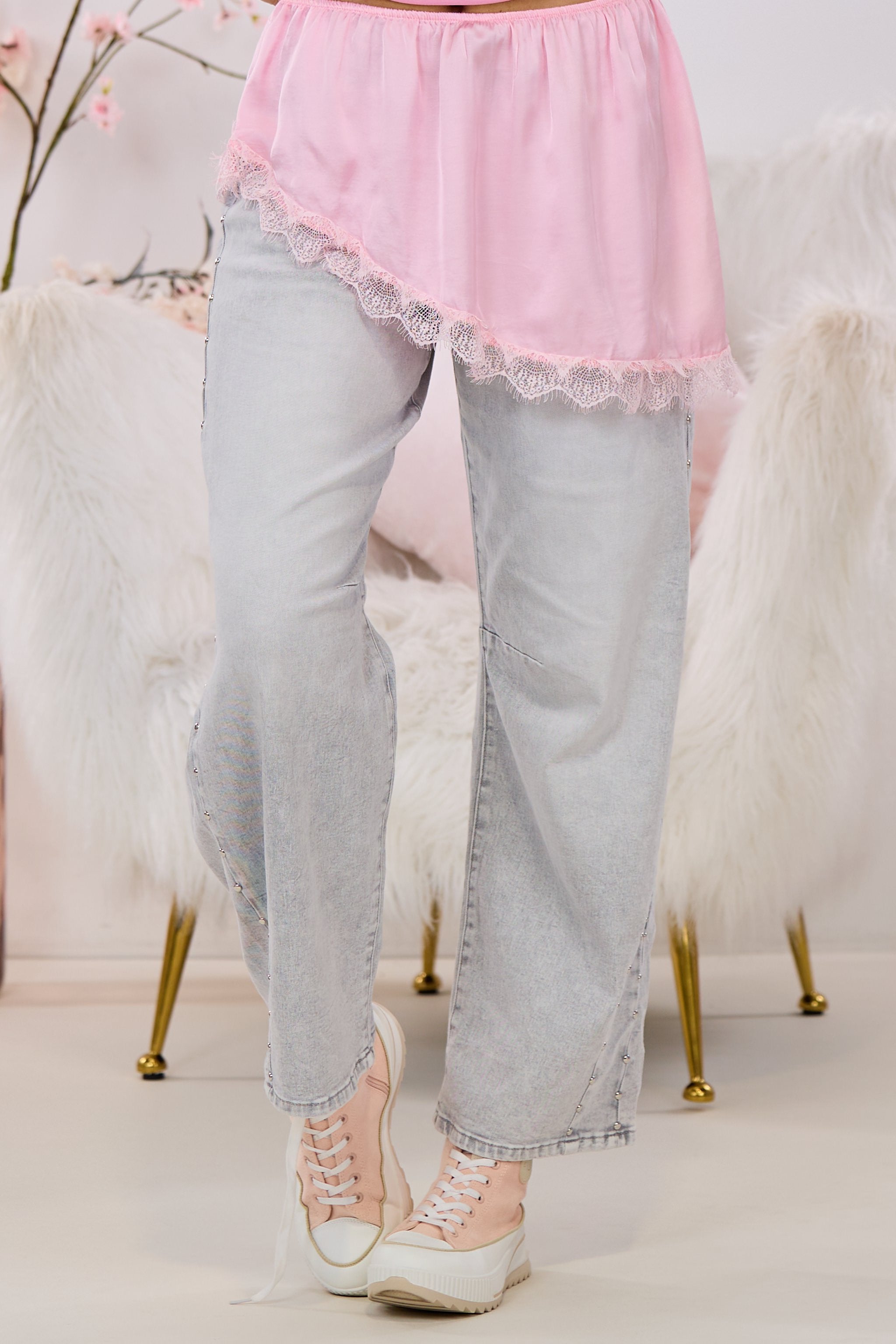 Asymmetrischer Blusenrock mit Spitze, rosa