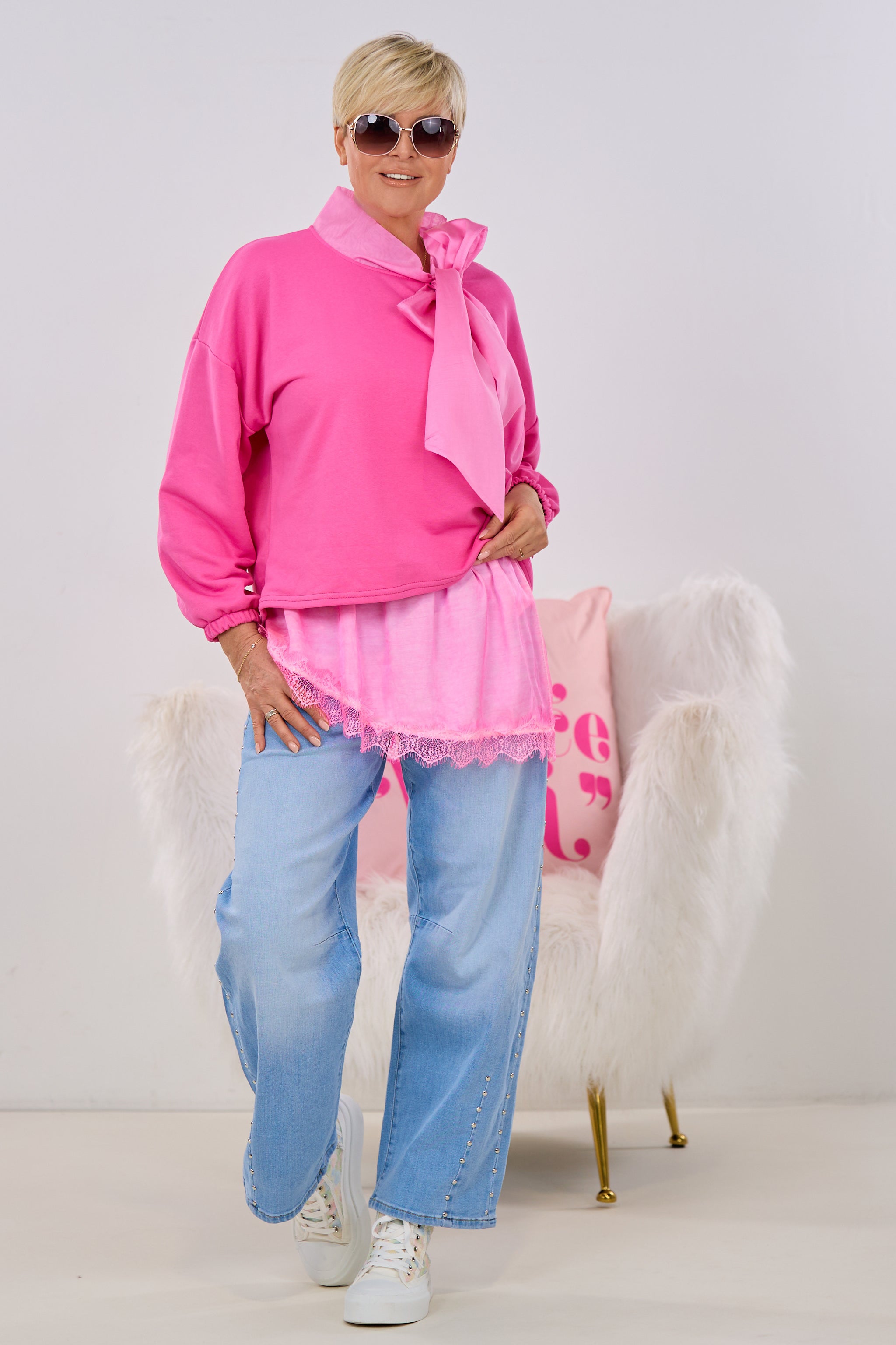 Asymmetrischer Blusenrock mit Spitze, neon pink