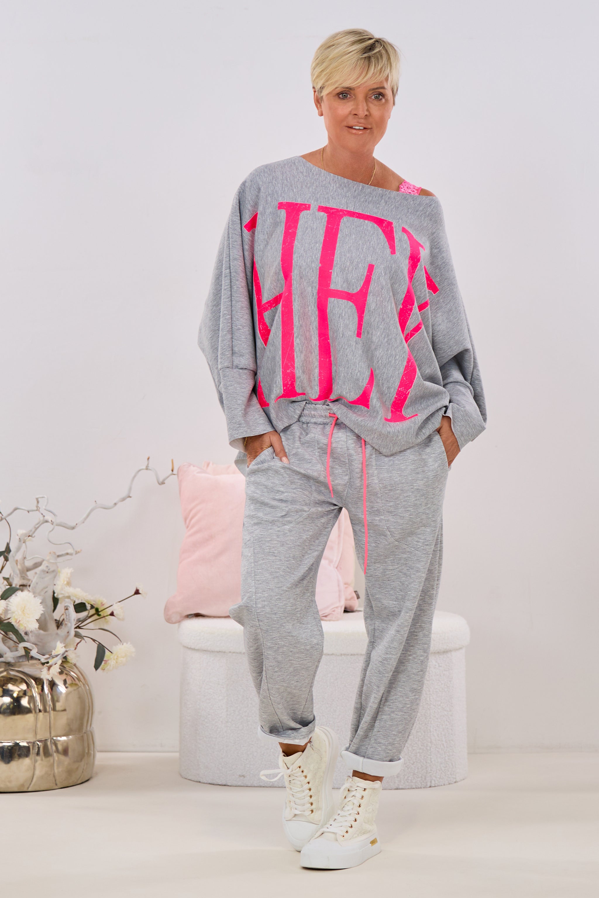 Cozy Basic Shirt HEY YOU, grau-melliert-pink