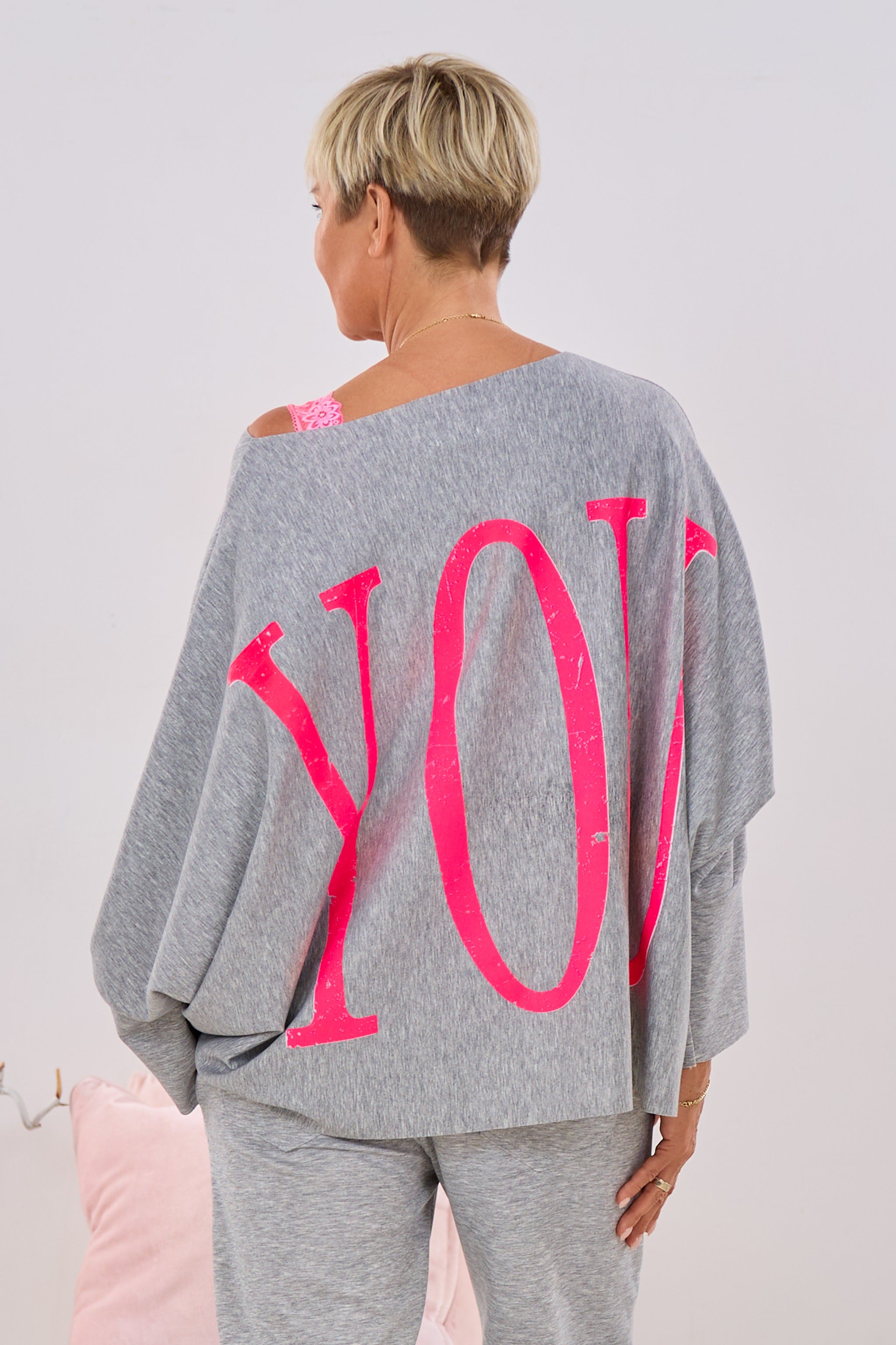 Cozy Basic Shirt HEY YOU, grau-melliert-pink