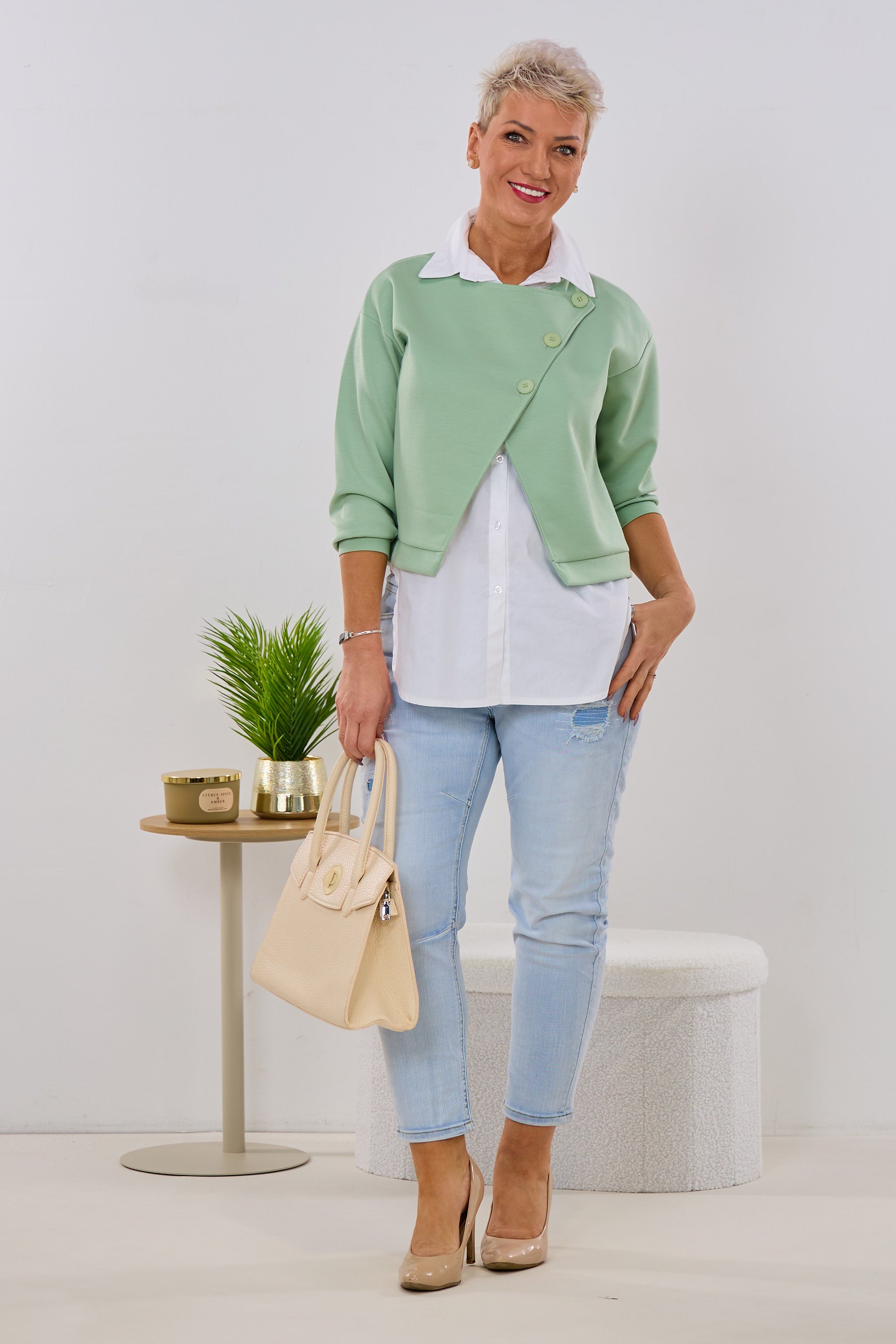 Bluse mit Cozy Jackenansatz, lindgrün-weiß