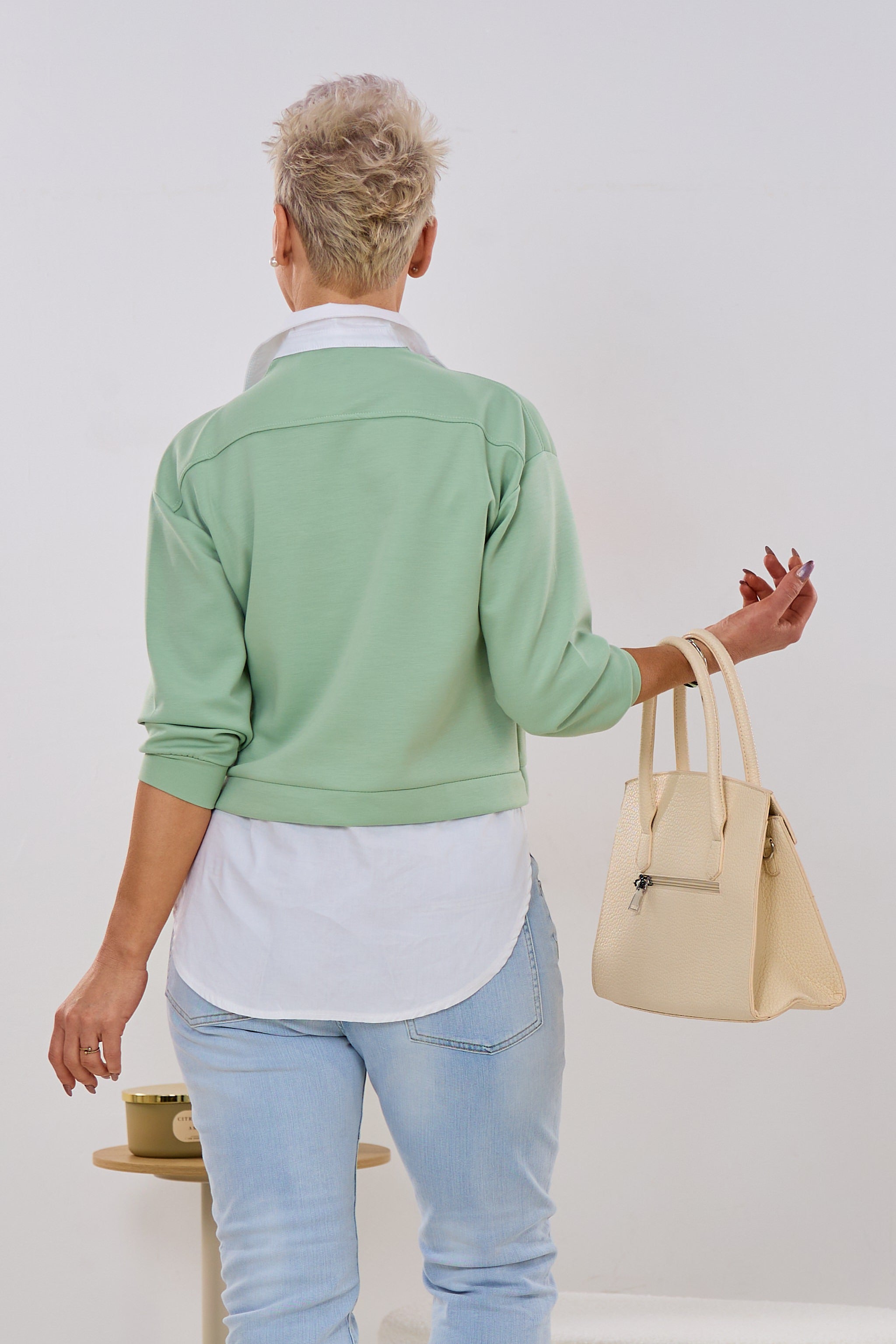 Bluse mit Cozy Jackenansatz, lindgrün-weiß