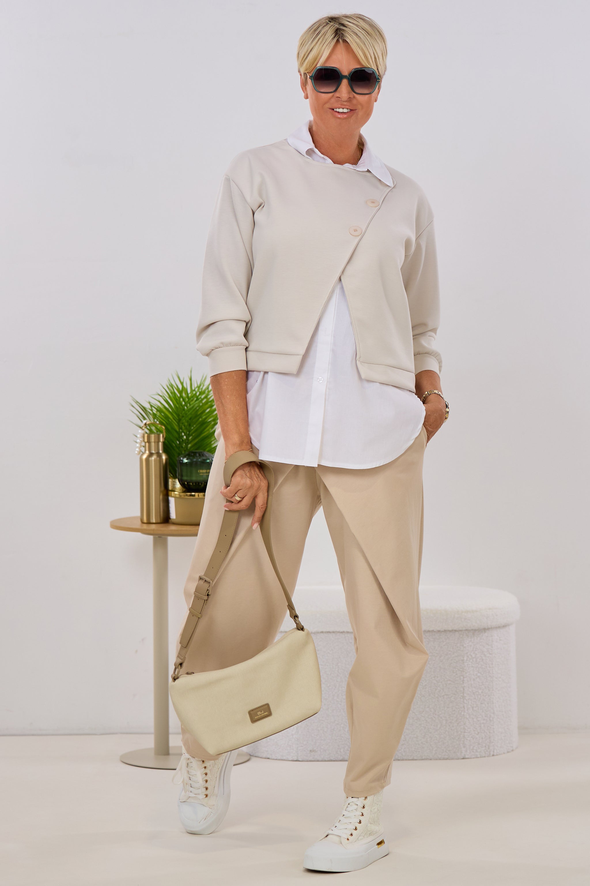 Bluse mit Cozy Jackenansatz, beige-weiß