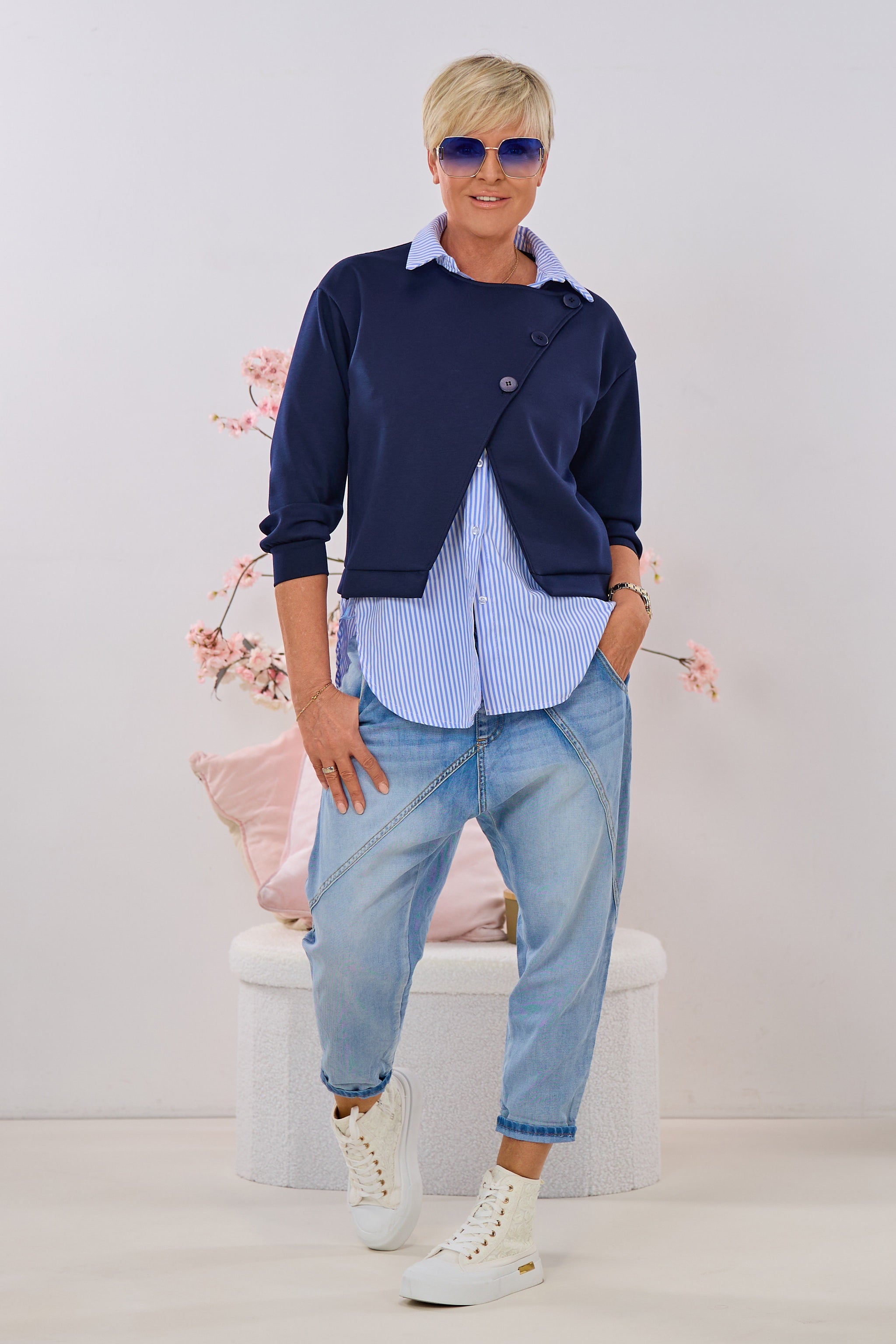 Bluse mit Cozy Jackenansatz, dunkelblau-hellblau