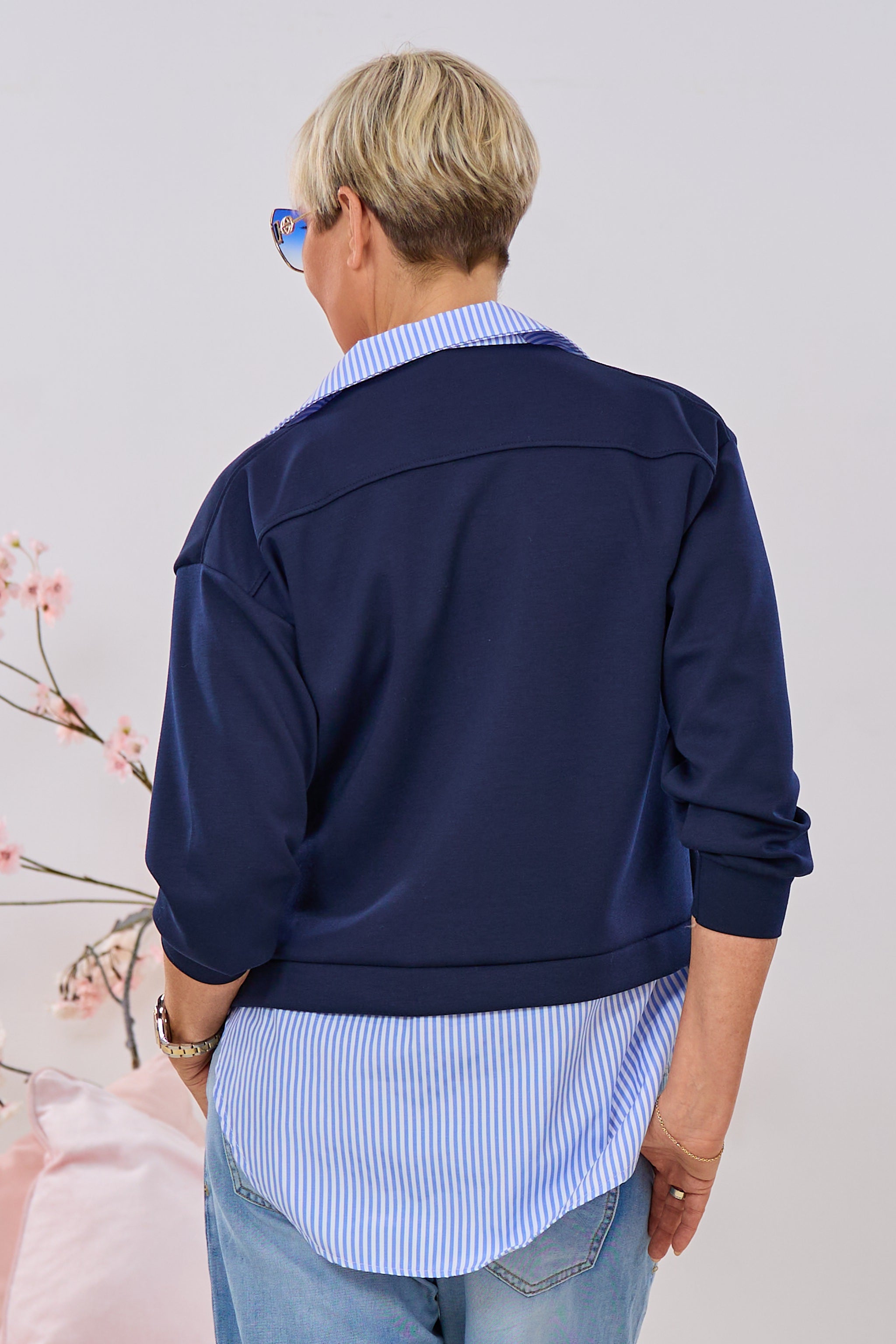 Bluse mit Cozy Jackenansatz, dunkelblau-hellblau