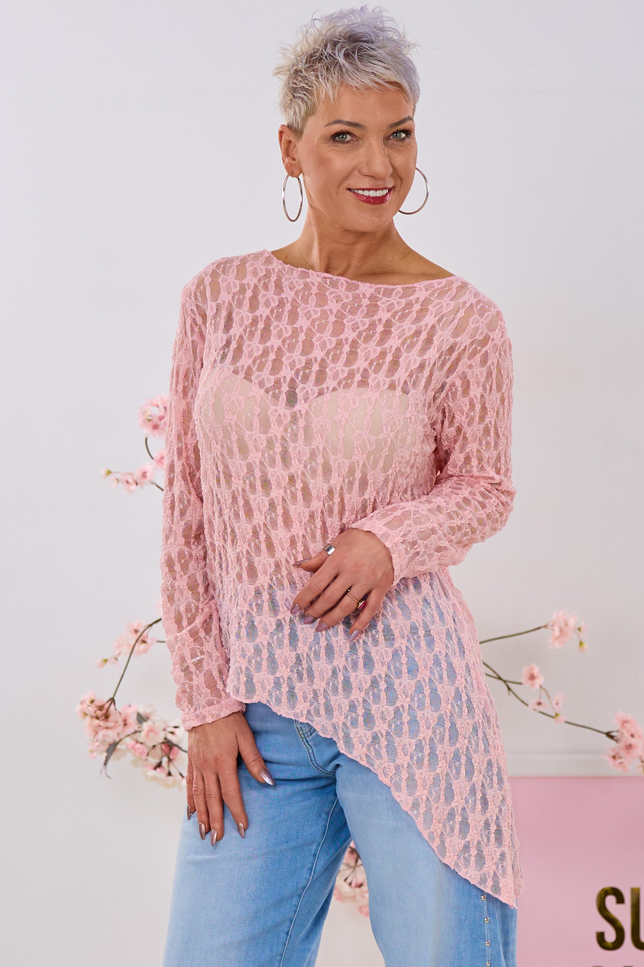 Asymmetrisches Spitzen-Langarmshirt, groß, rosa