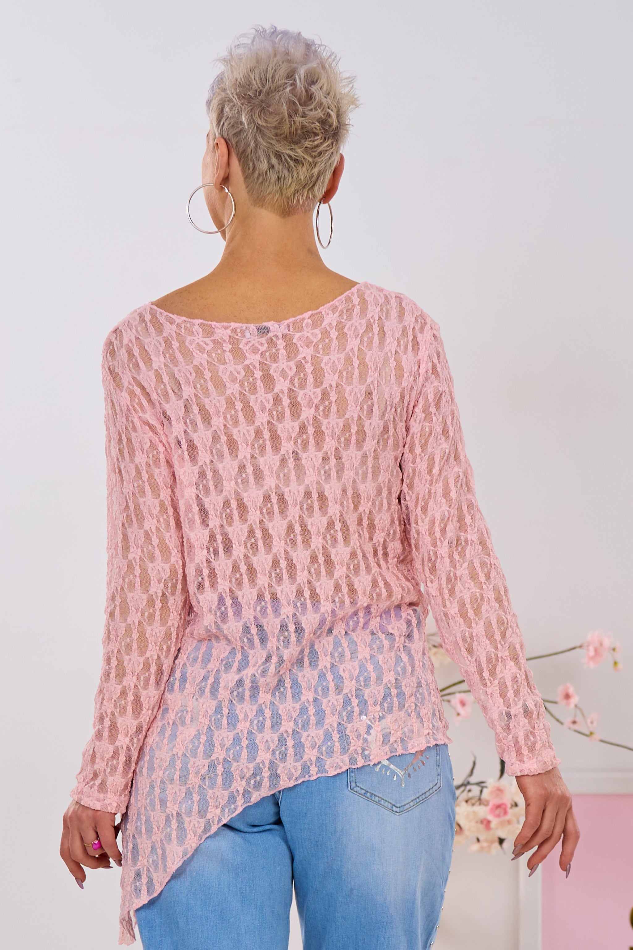 Asymmetrisches Spitzen-Langarmshirt, groß, rosa