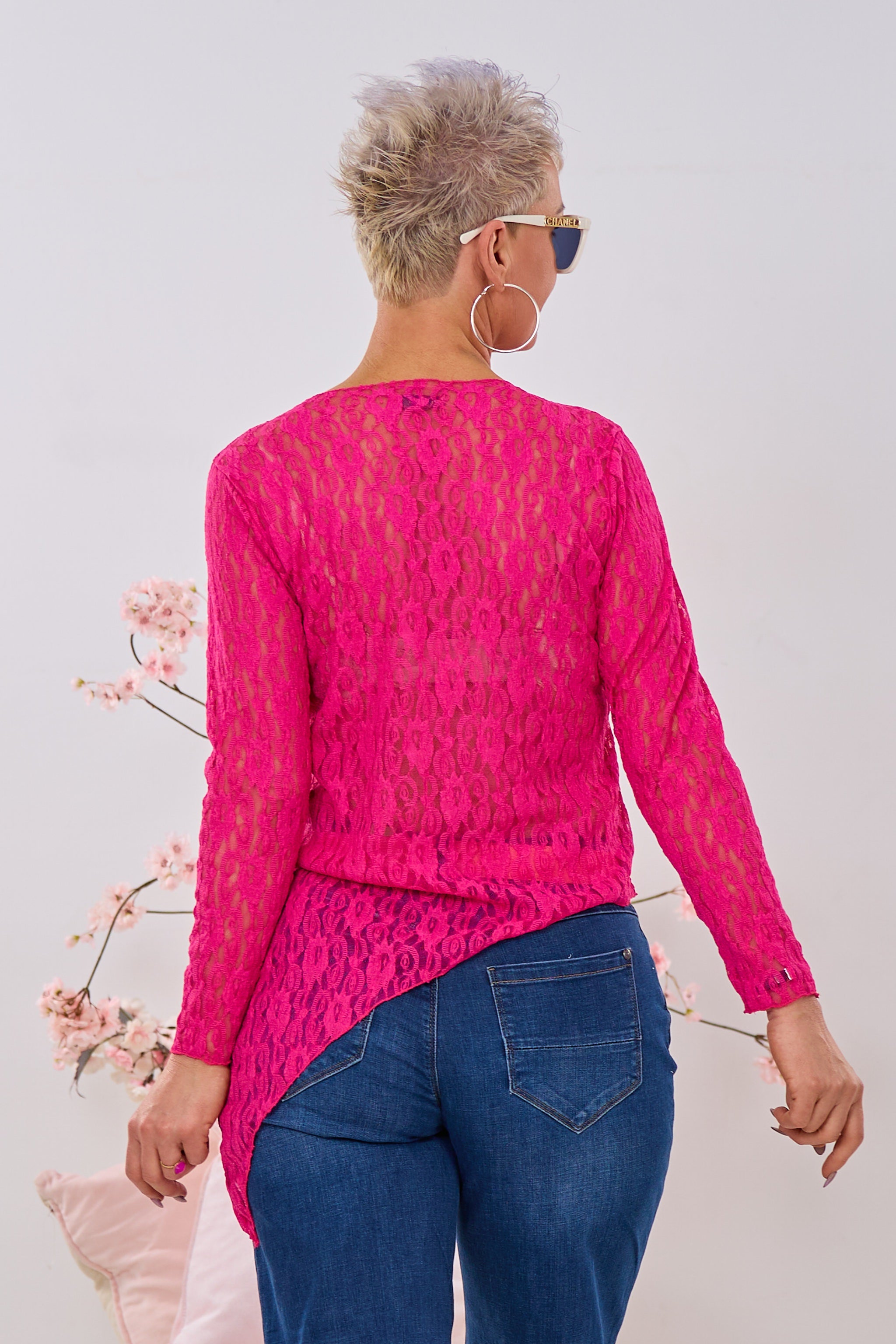 Asymmetrisches Spitzen-Langarmshirt, fuchsia/pink