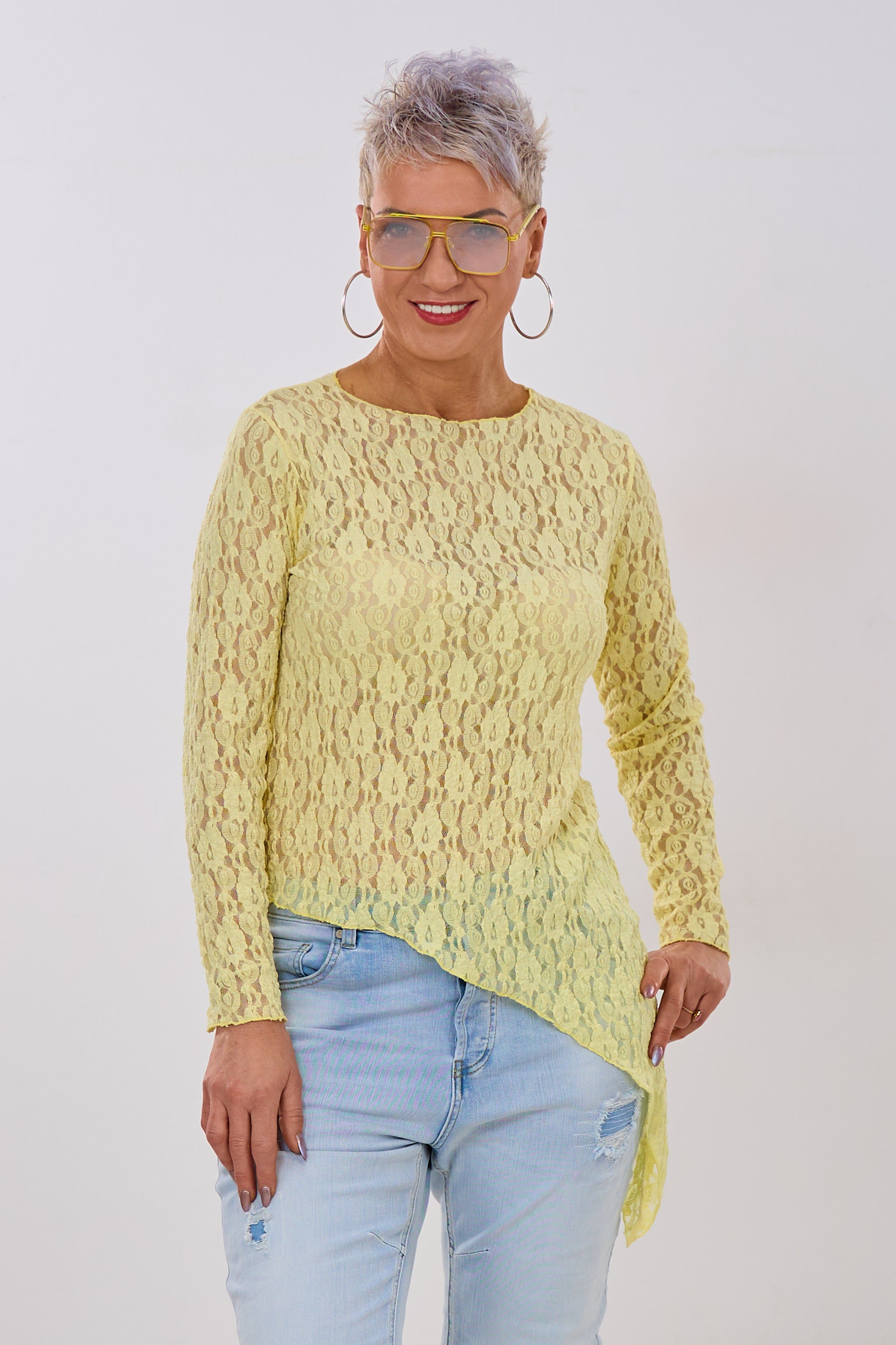 Asymmetrisches Spitzen-Langarmshirt, gelb