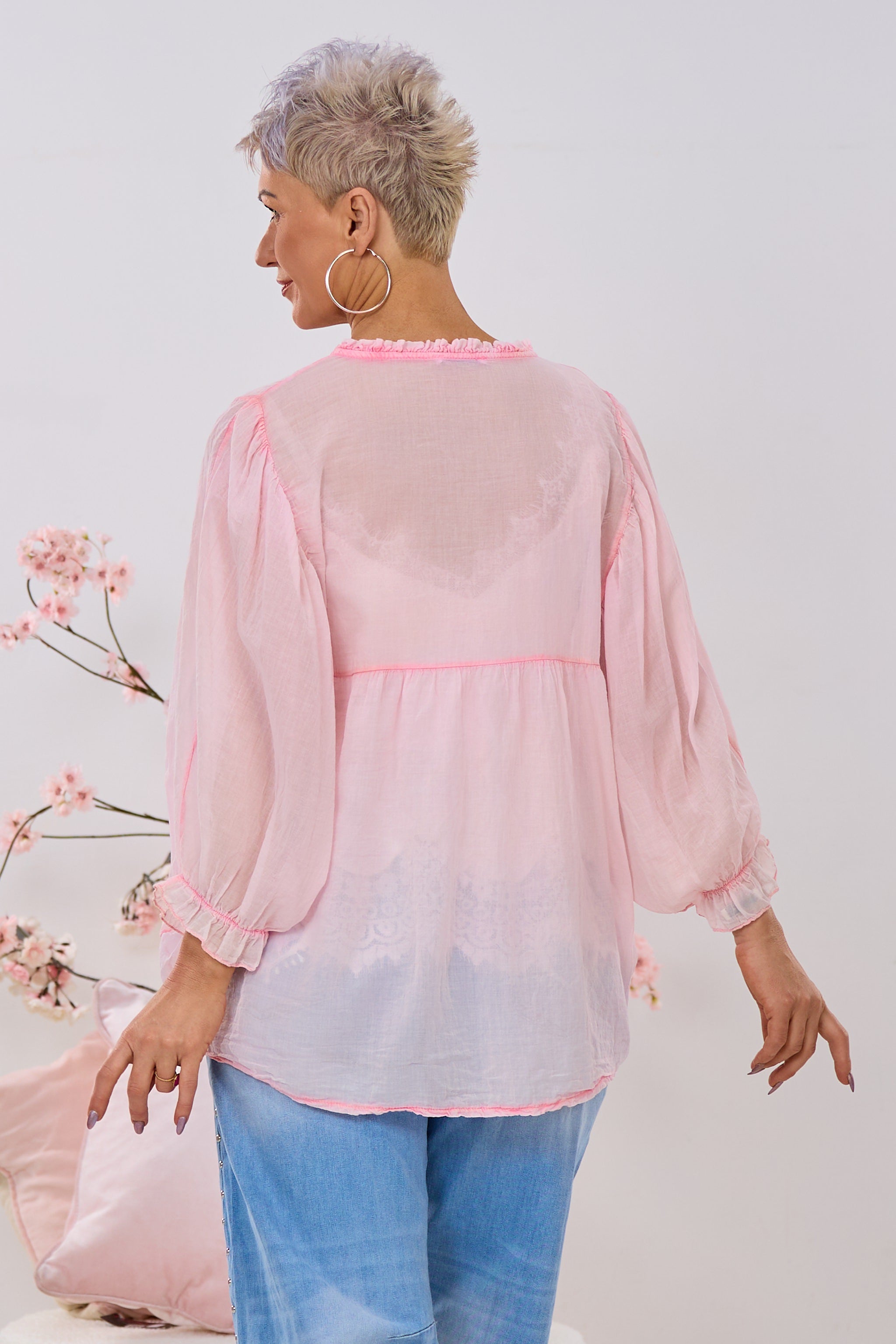 Transparente Bluse mit weiten Ärmeln, hellrosa