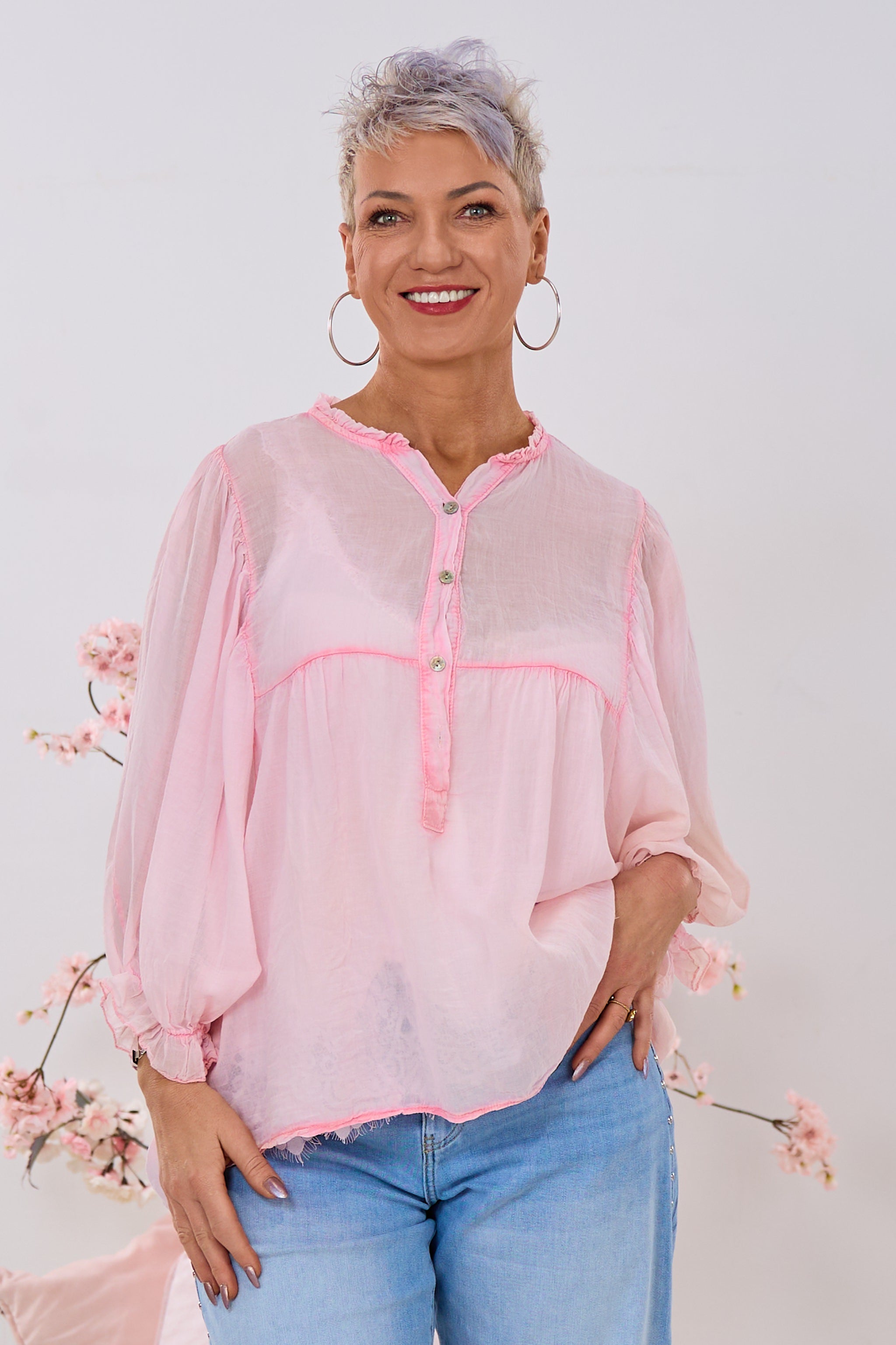 Transparente Bluse mit weiten Ärmeln, hellrosa