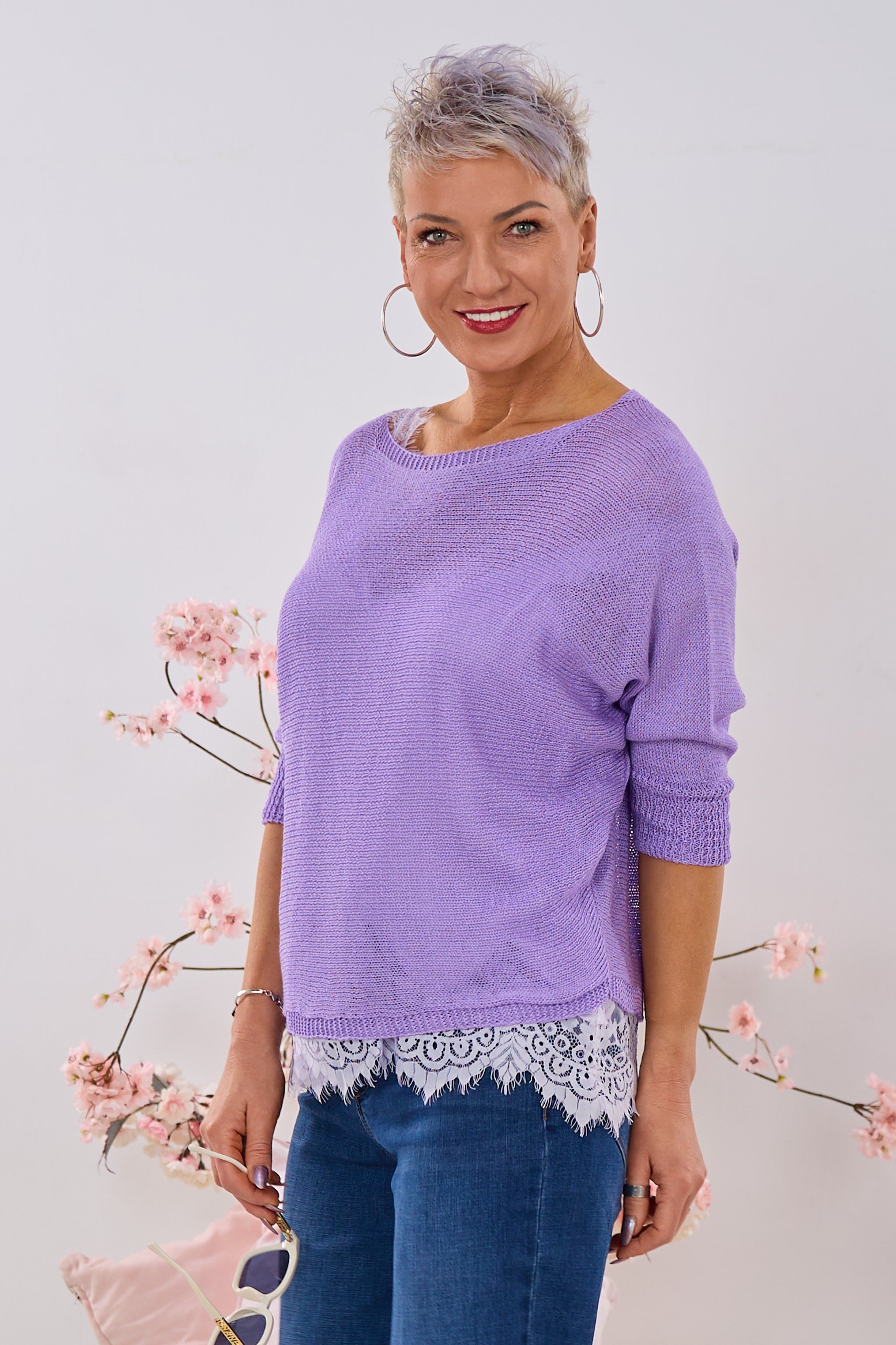 quergestrickter Pulli mit Schleife, flieder