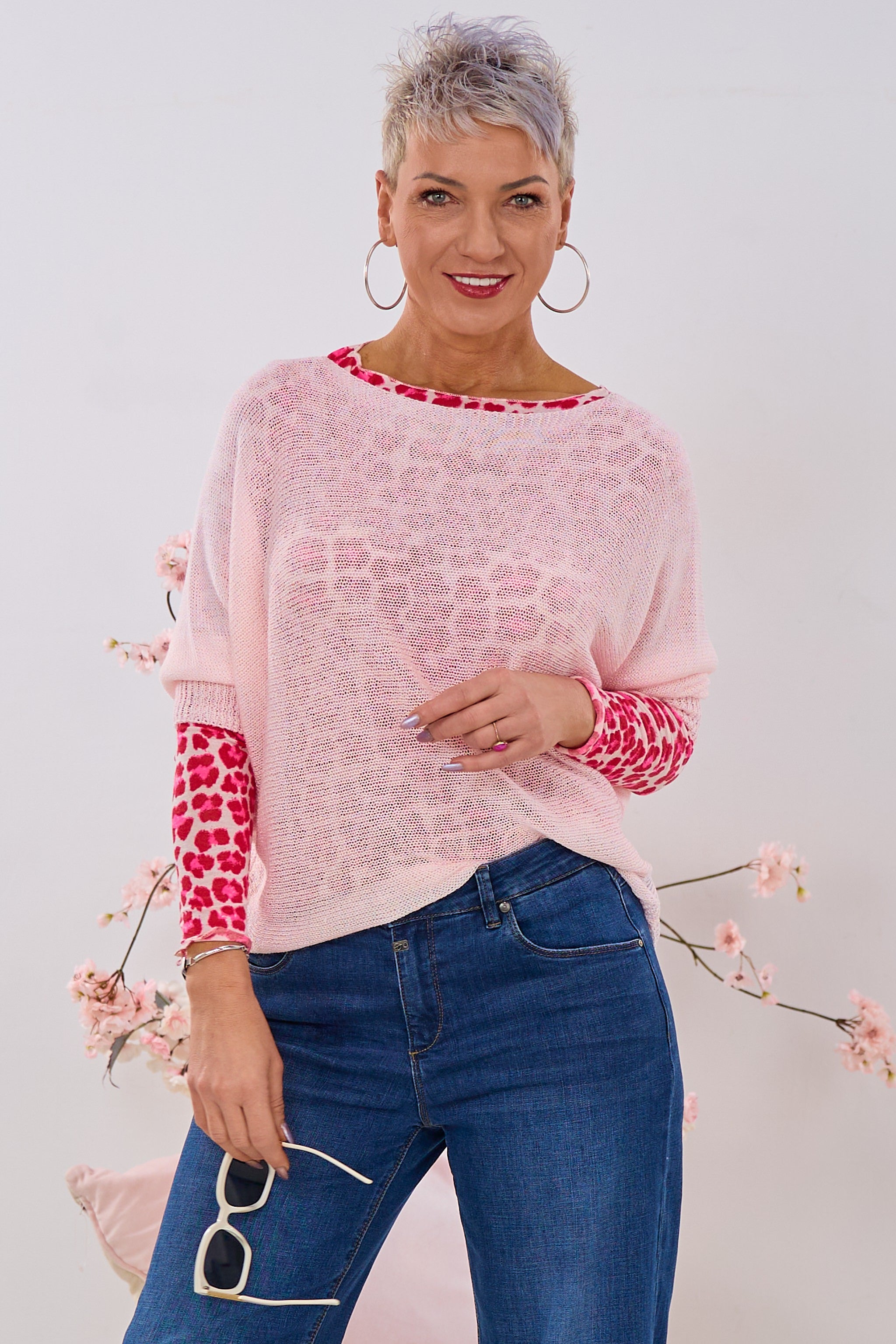 quergestrickter Pulli mit Schleife, hellrosa