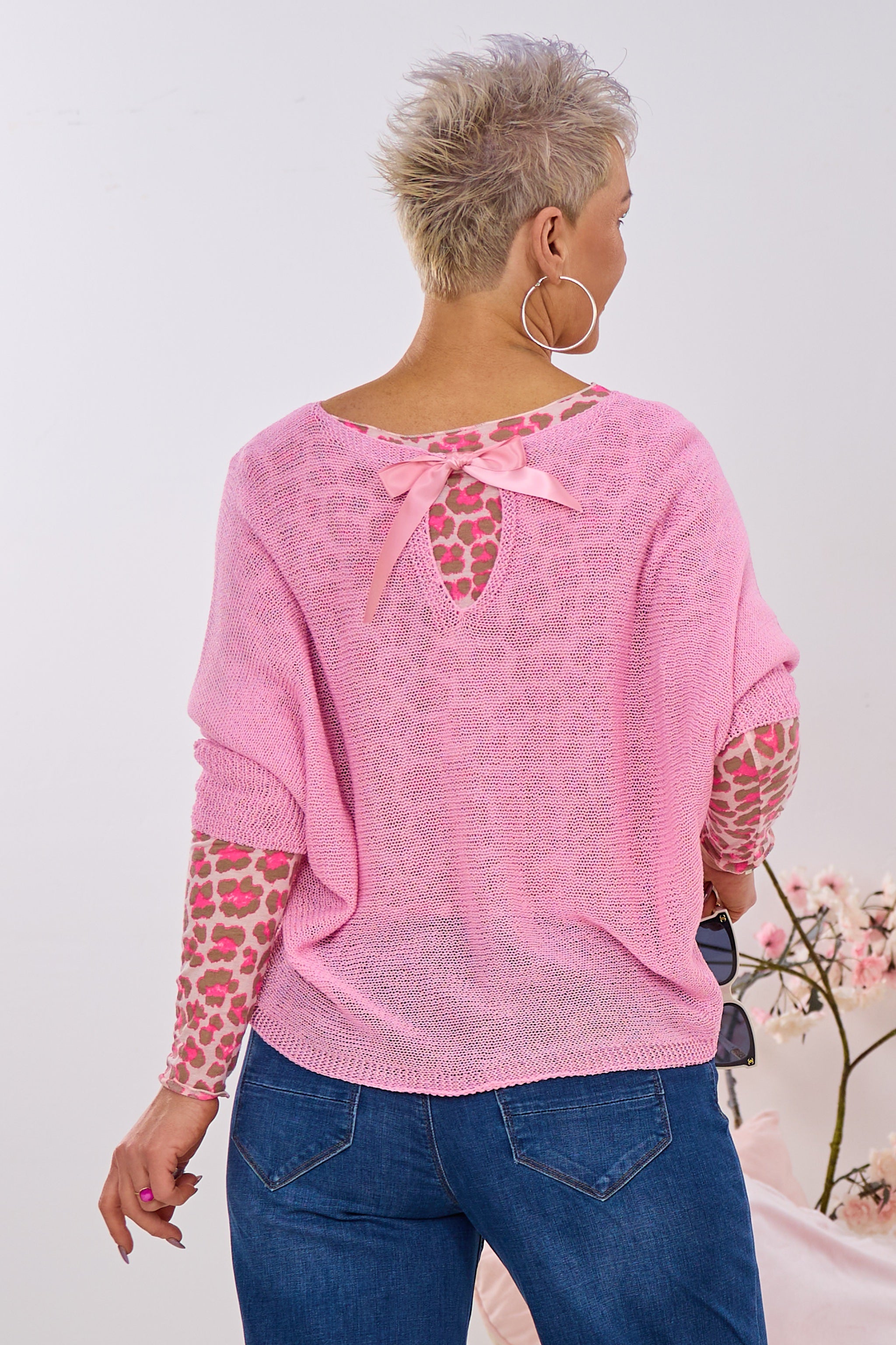 quergestrickter Pulli mit Schleife, rosa