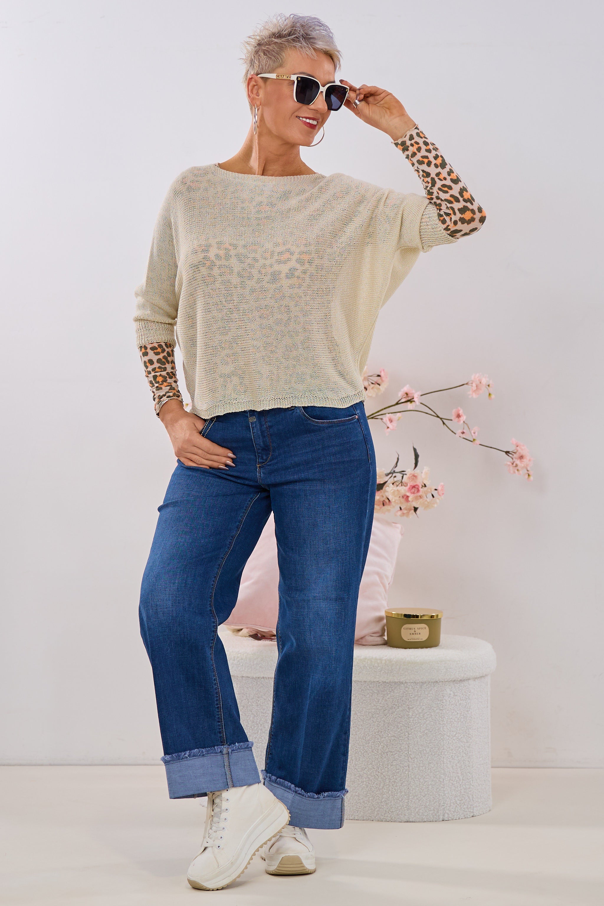 quergestrickter Pulli mit Schleife, beige