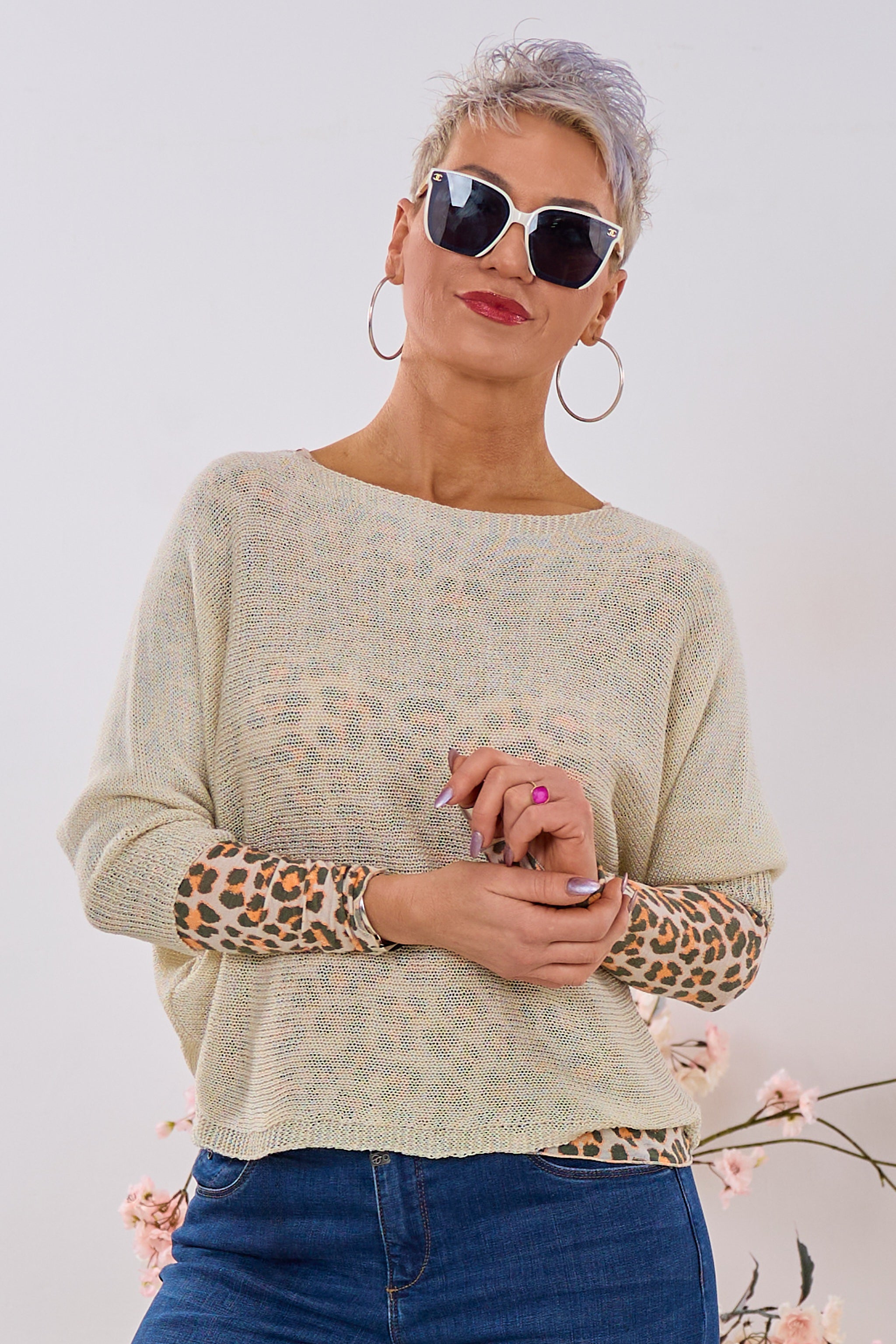 quergestrickter Pulli mit Schleife, beige