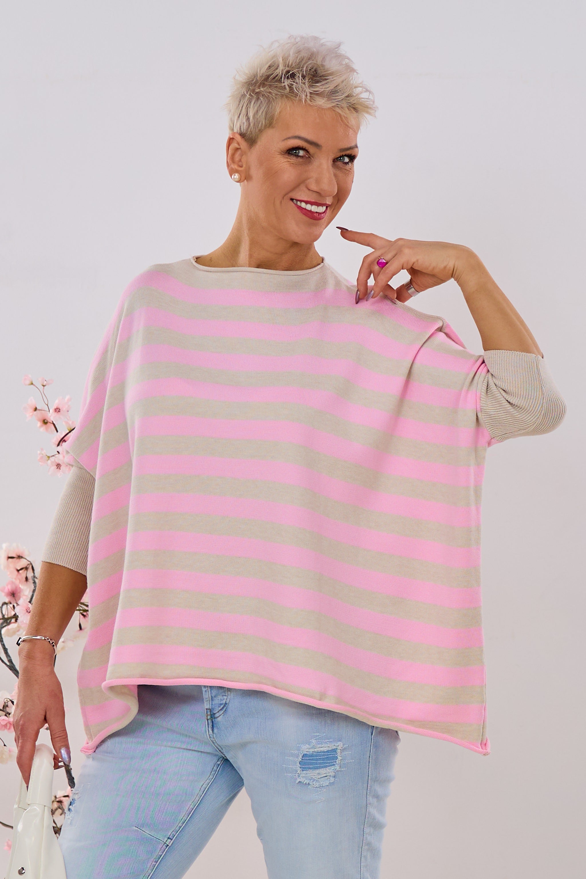 Oversized Strickpulli, beige-rosa gestreift