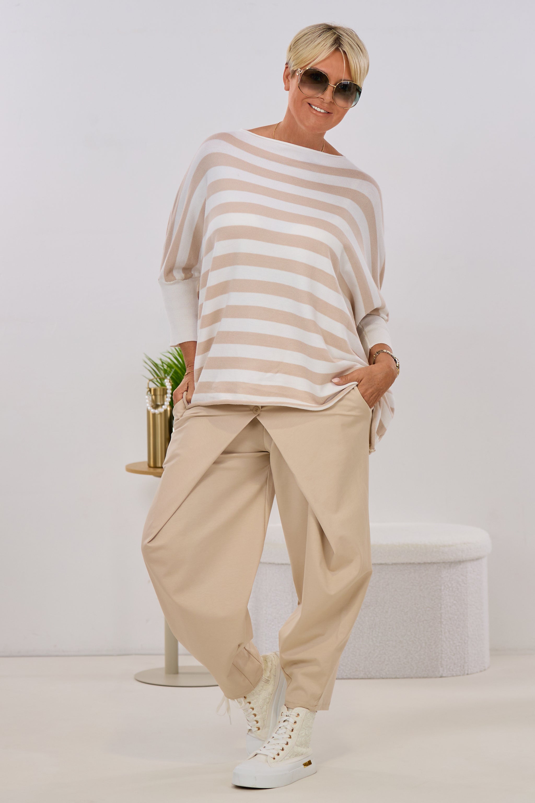 Oversized Strickpulli, ecru-beige gestreift