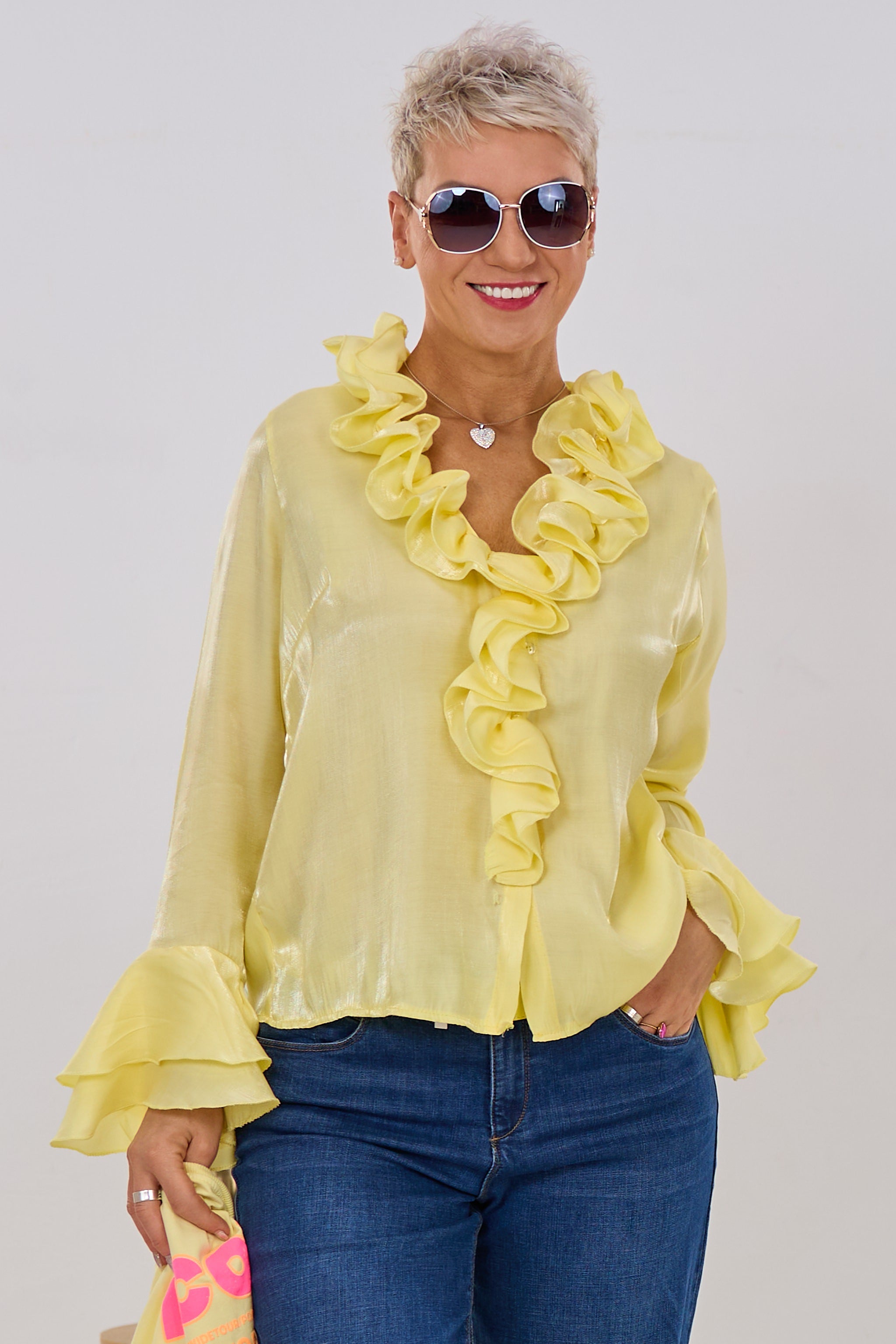 Schimmernde Bluse mit Volants, gelb