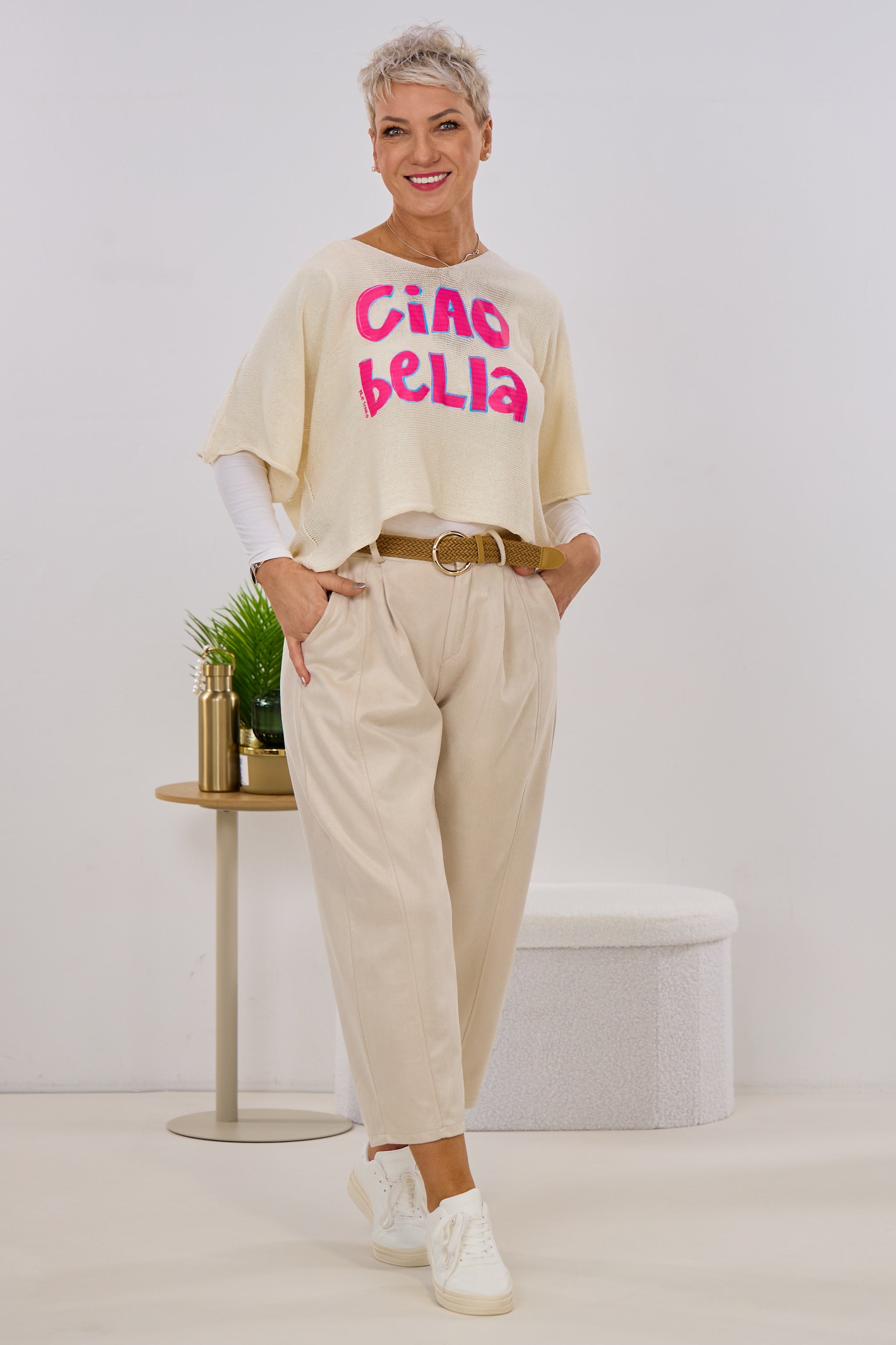 Hose in Veloursleder-Optik, beige