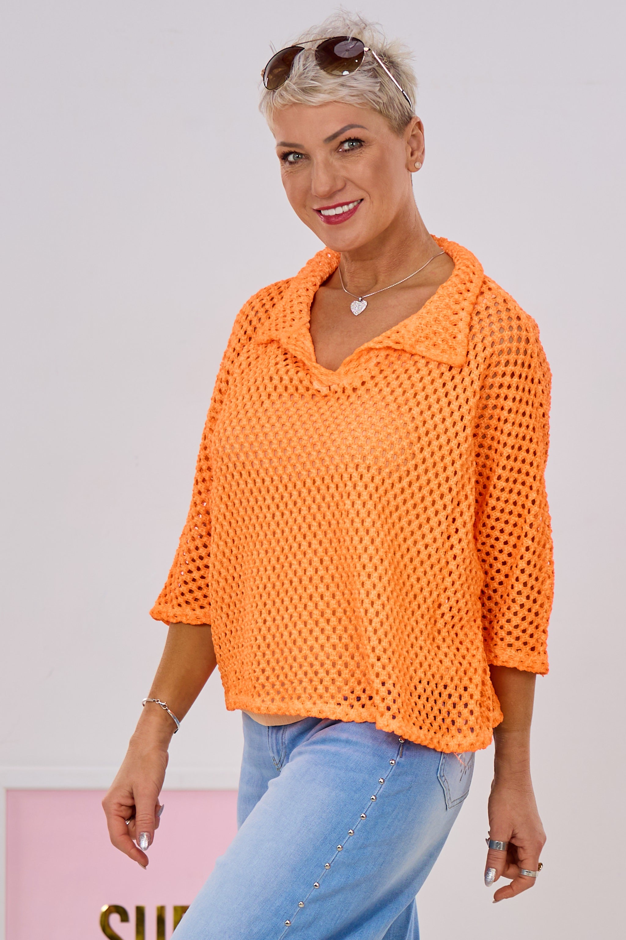 Lochstrick Blusenshirt, neon orange