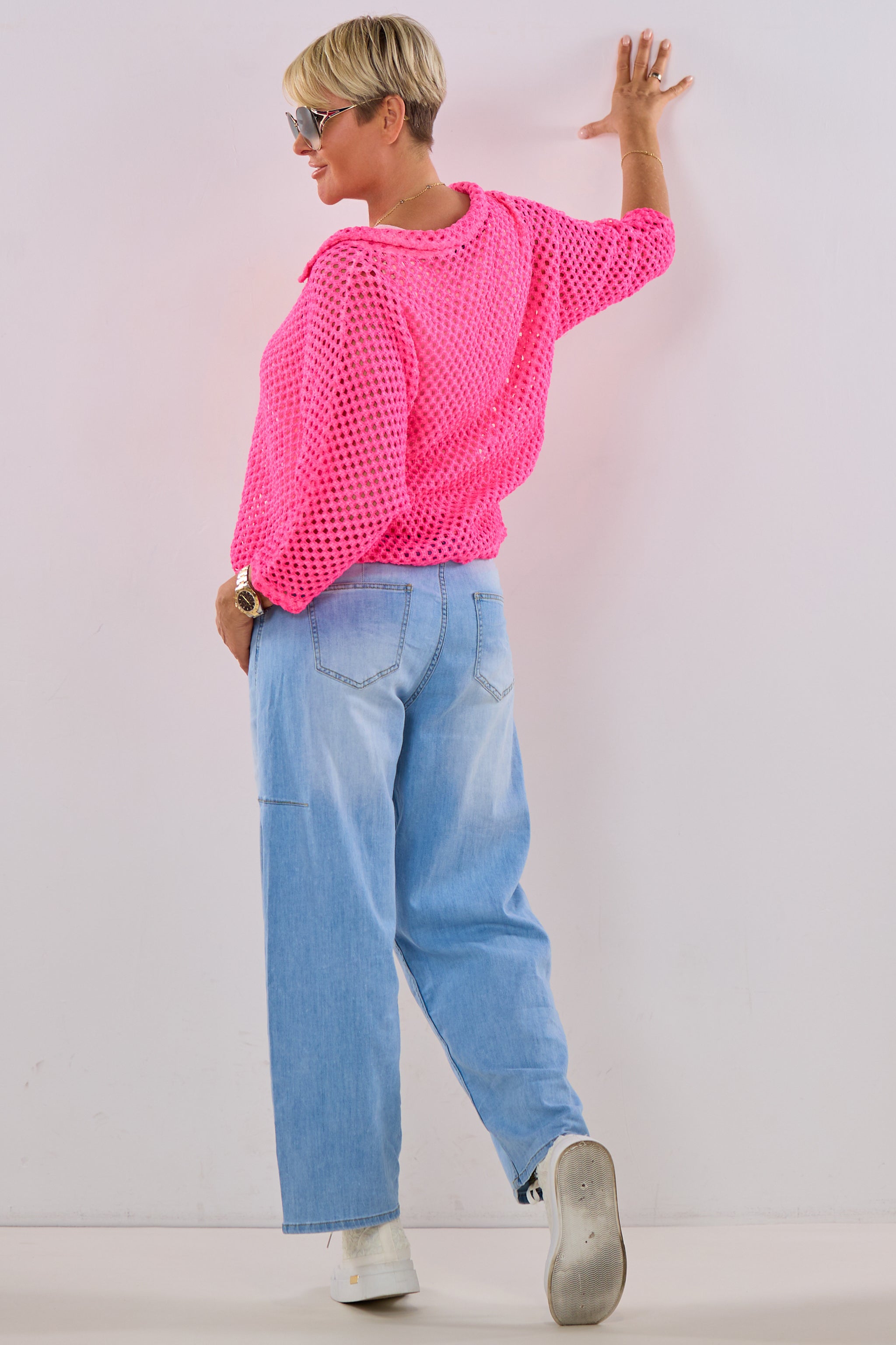 Lochstrick Blusenshirt, neon pink