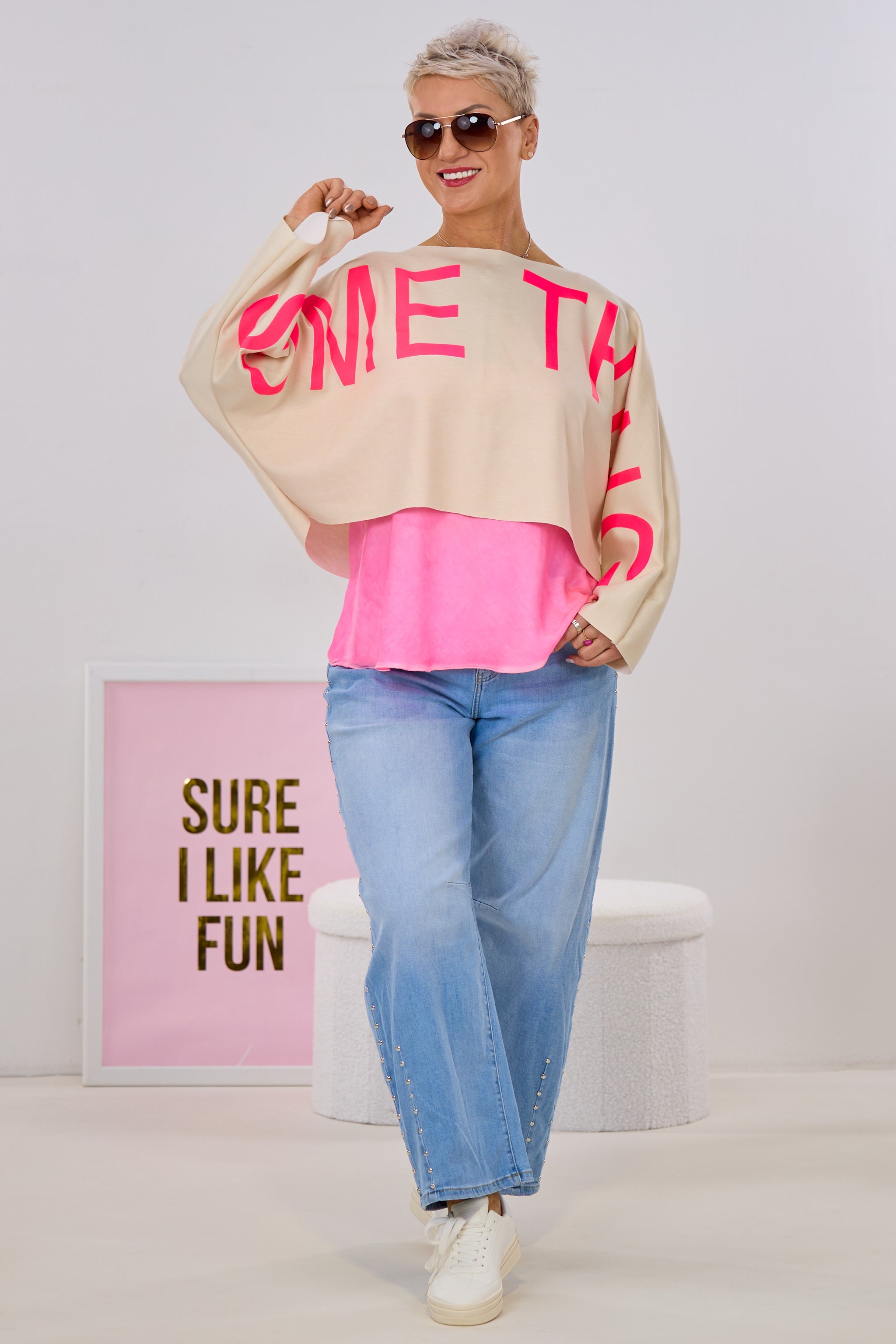 Weites cropped Shirt SOMETHING, beige-pink