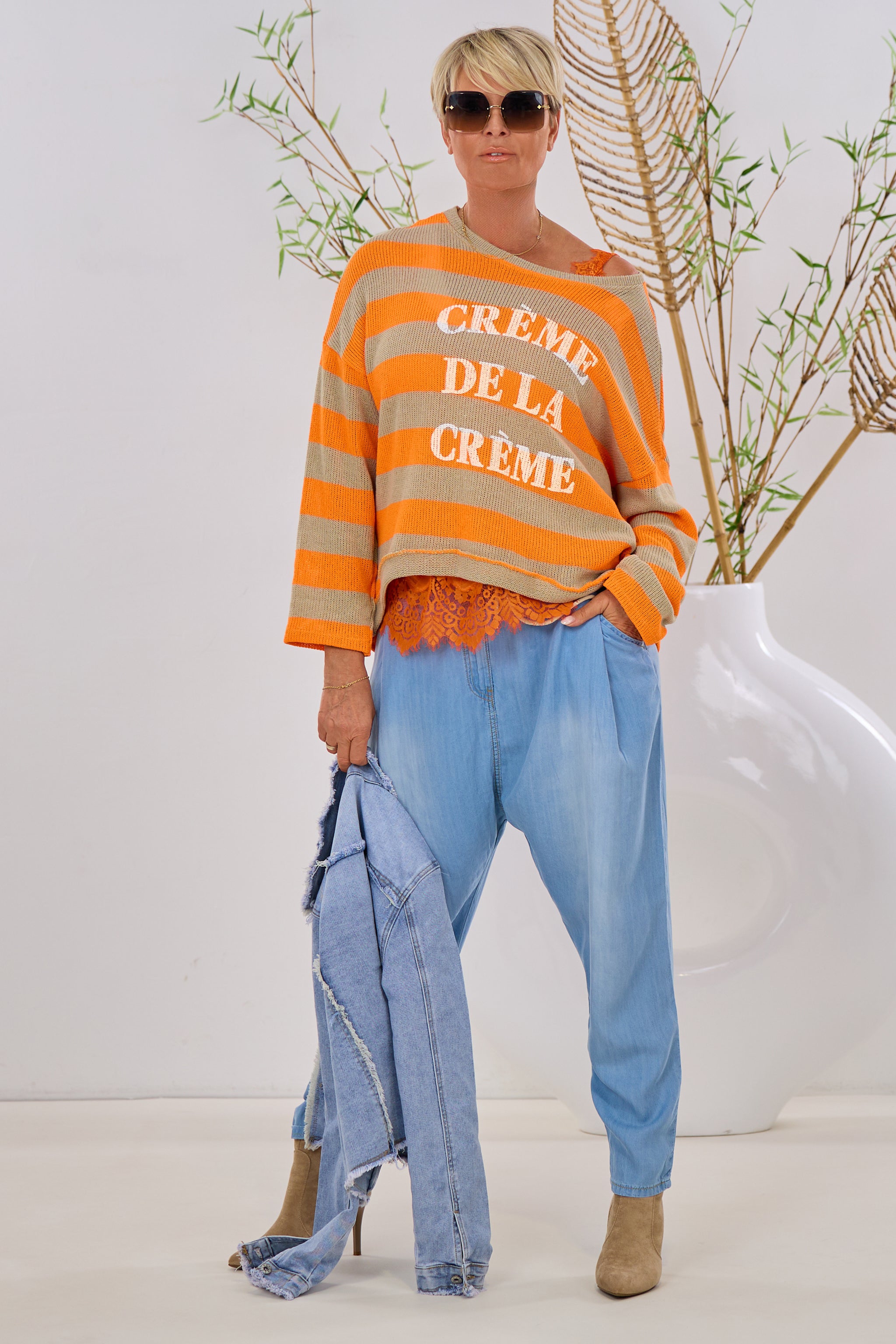 Strickpulli mit breiten Streifen, orange-taupe