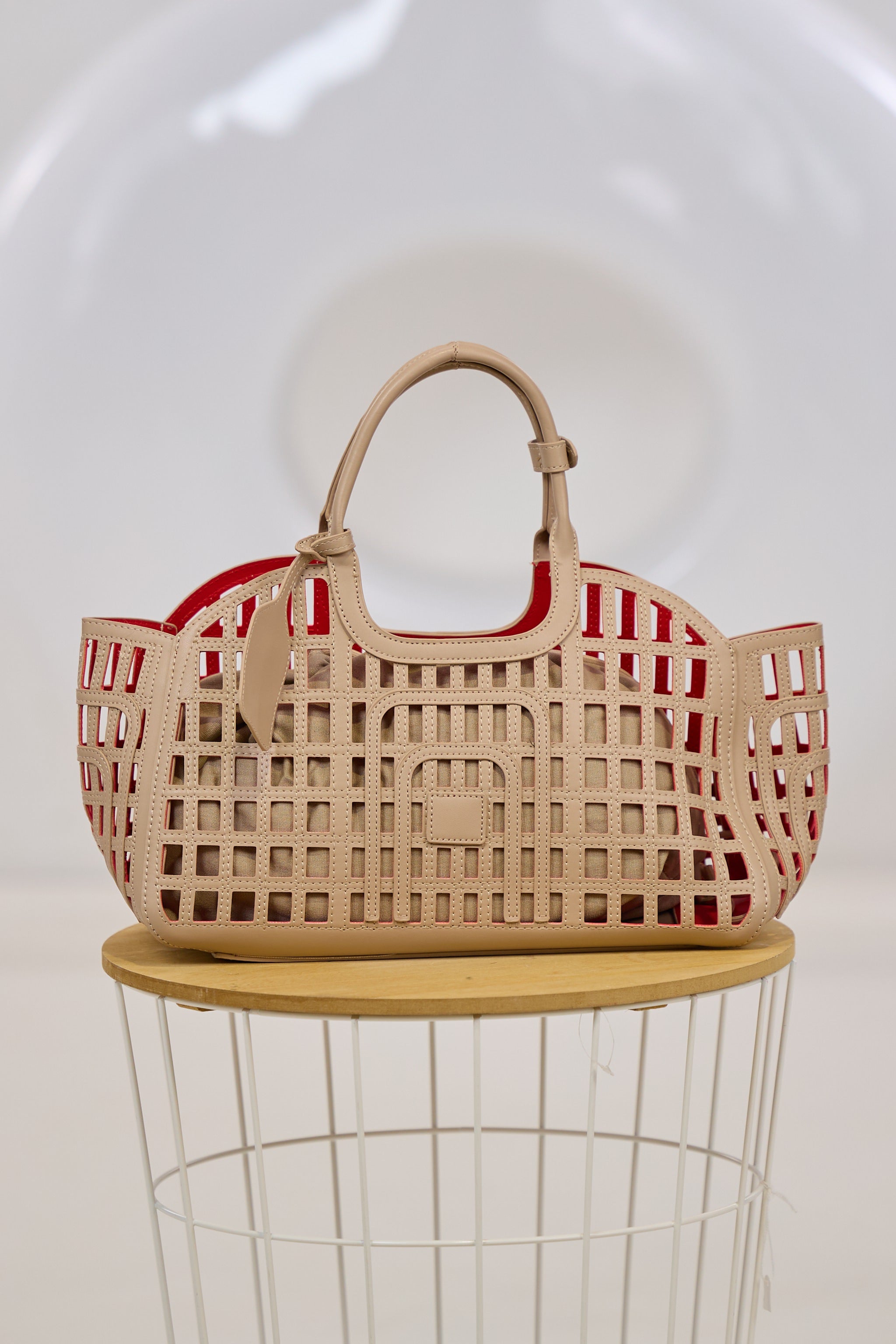 Henkeltasche mit Stoffbeutel, taupe-rot