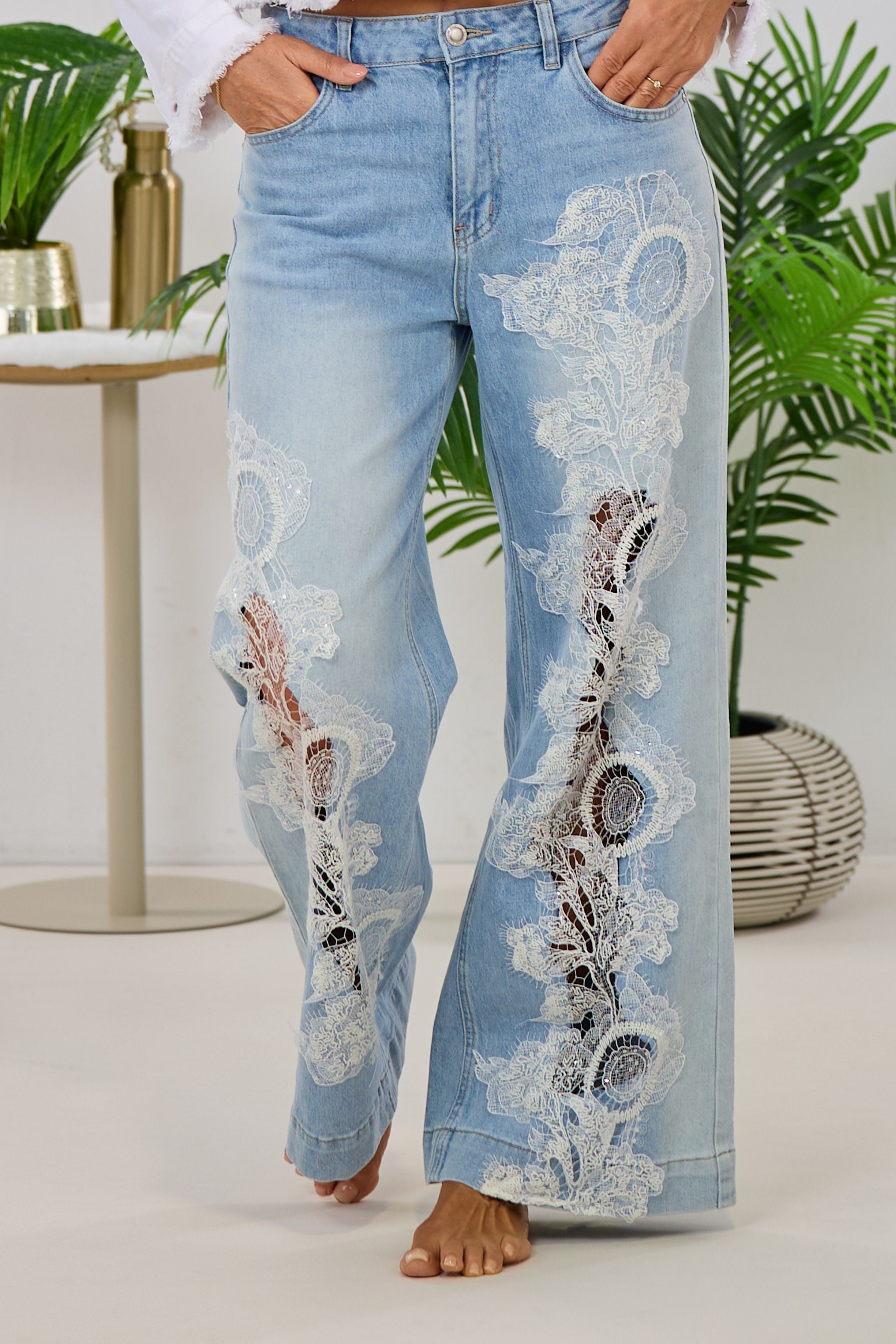 Mid Waist Jeans mit Spitzeneinsatz, denim blue