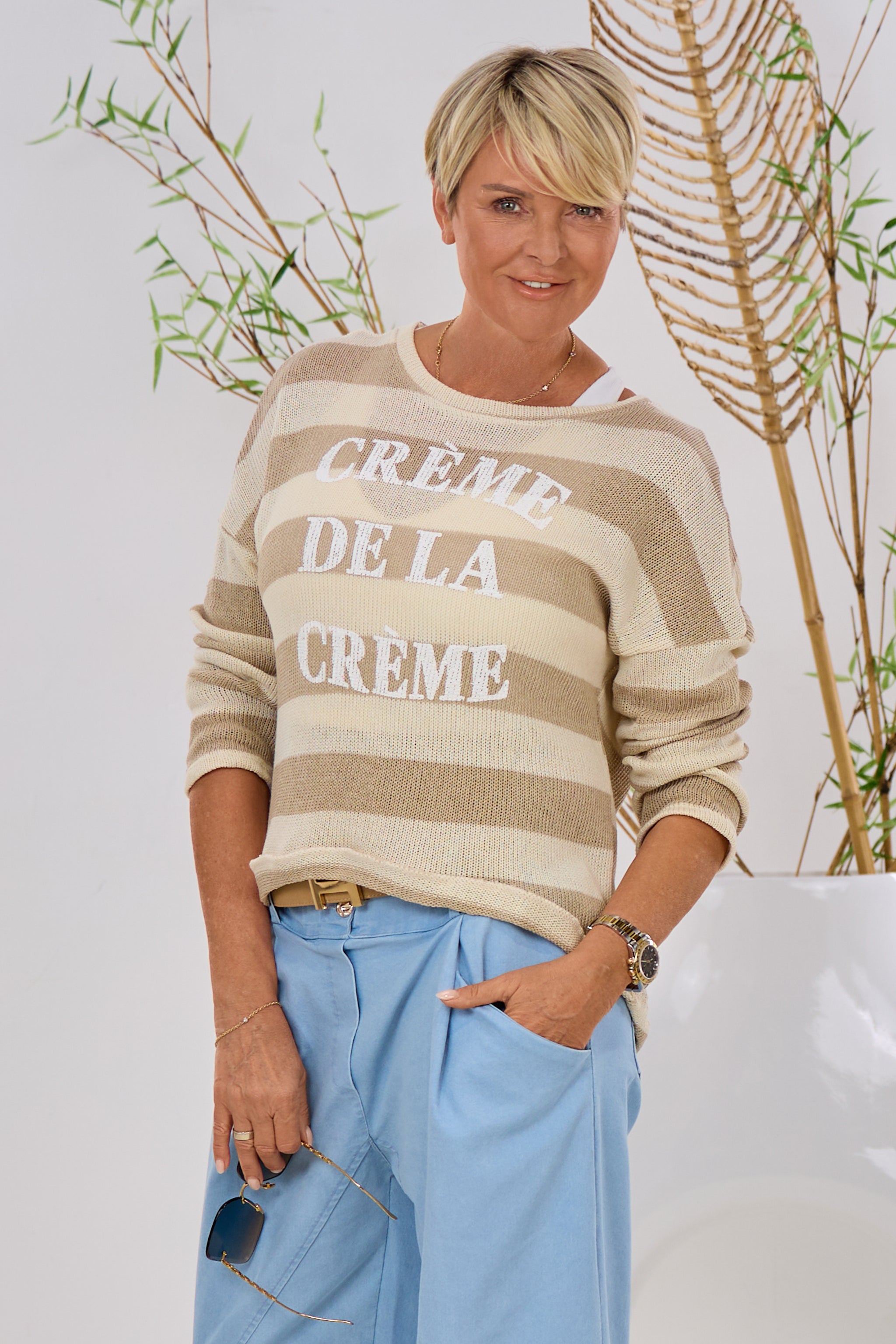 Strickpulli mit breiten Streifen, taupe-beige