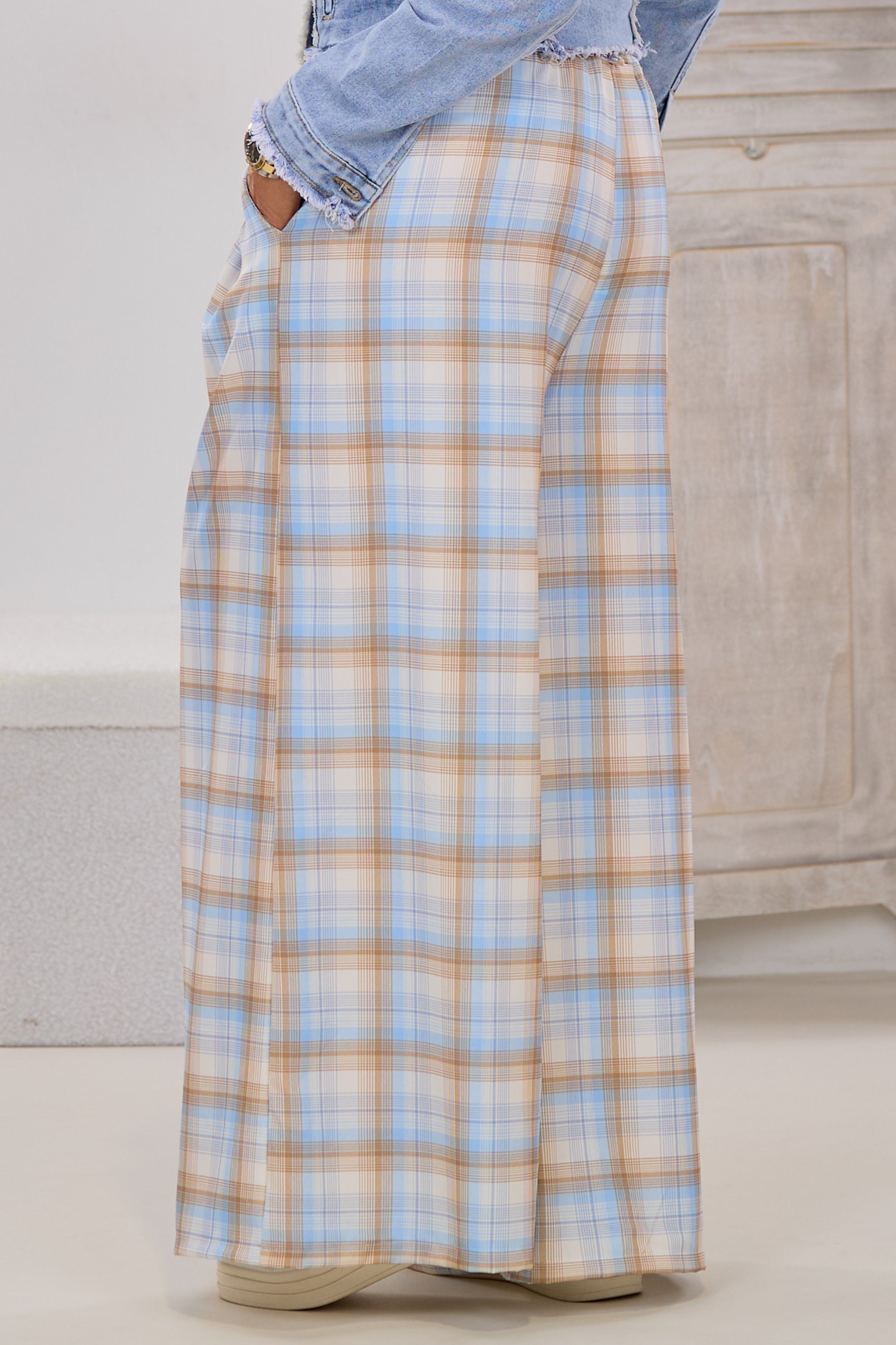 karierter Hosenrock mit gesteppten Falten, ecru-hellblau