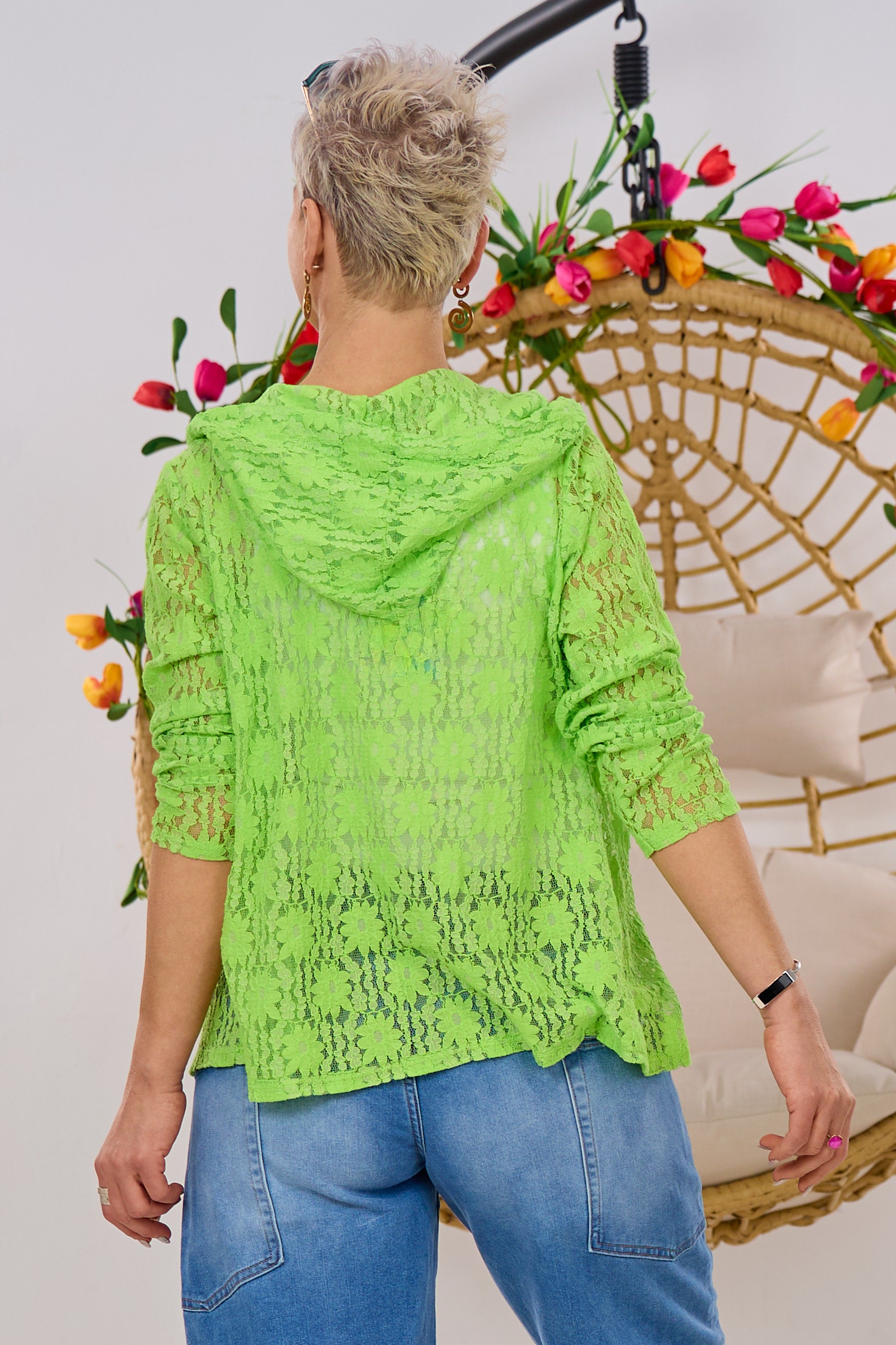 Jacke aus Spitze mit Kapuze, neongrün