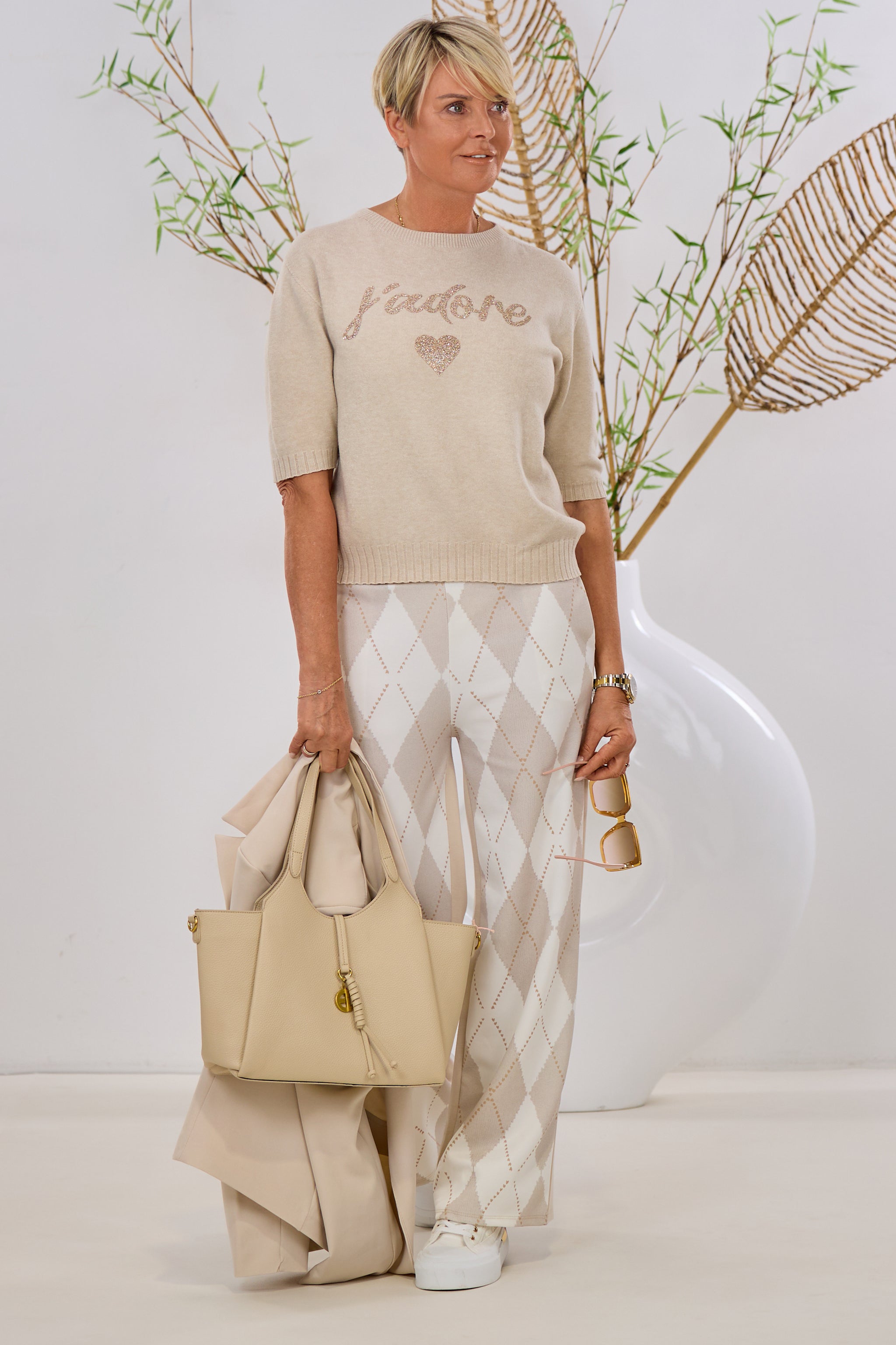 Kurzarm Strickpulli j'adore, beige-gold