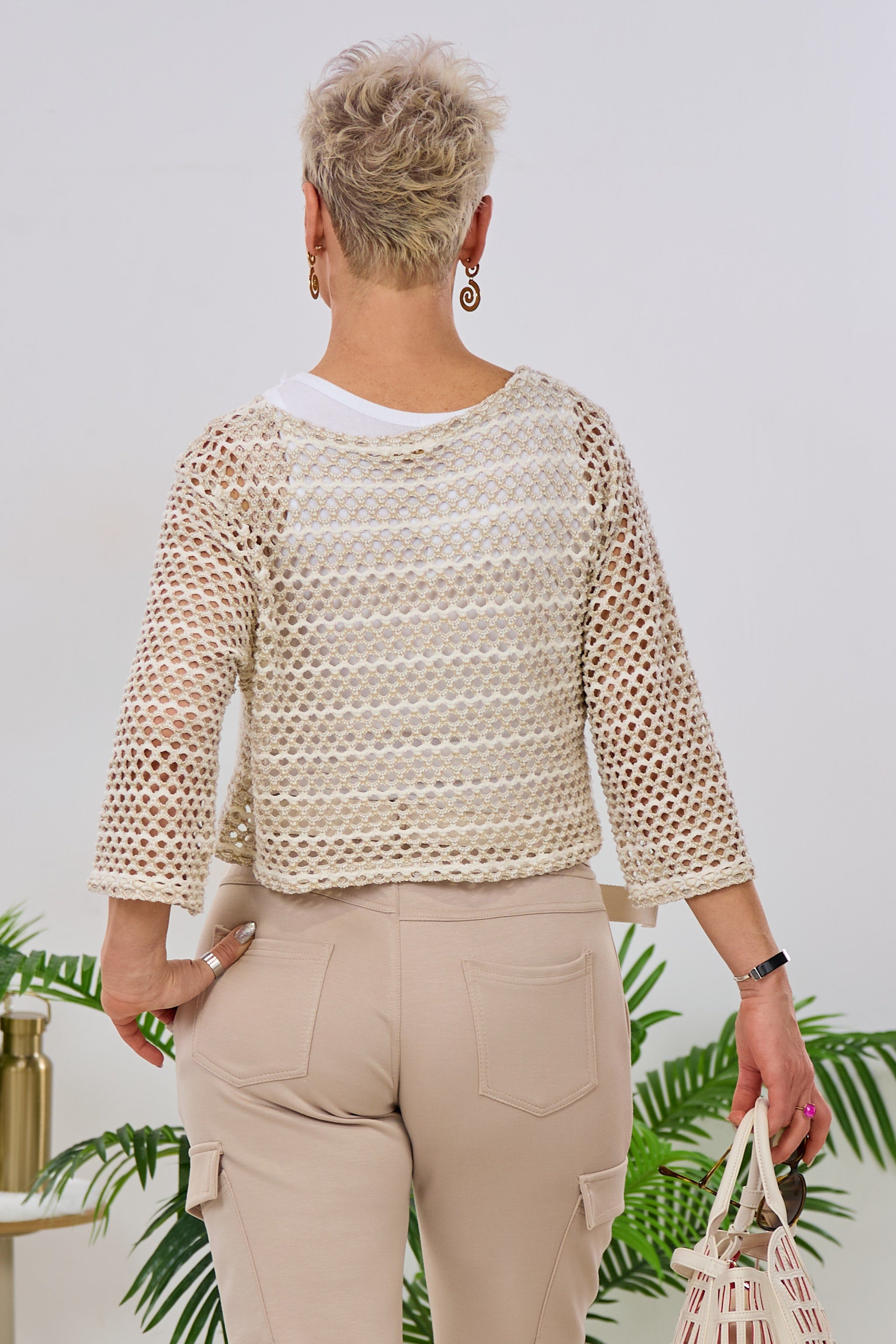 Lochstrick Jacke mit kleiner Schleife, beige-ecru