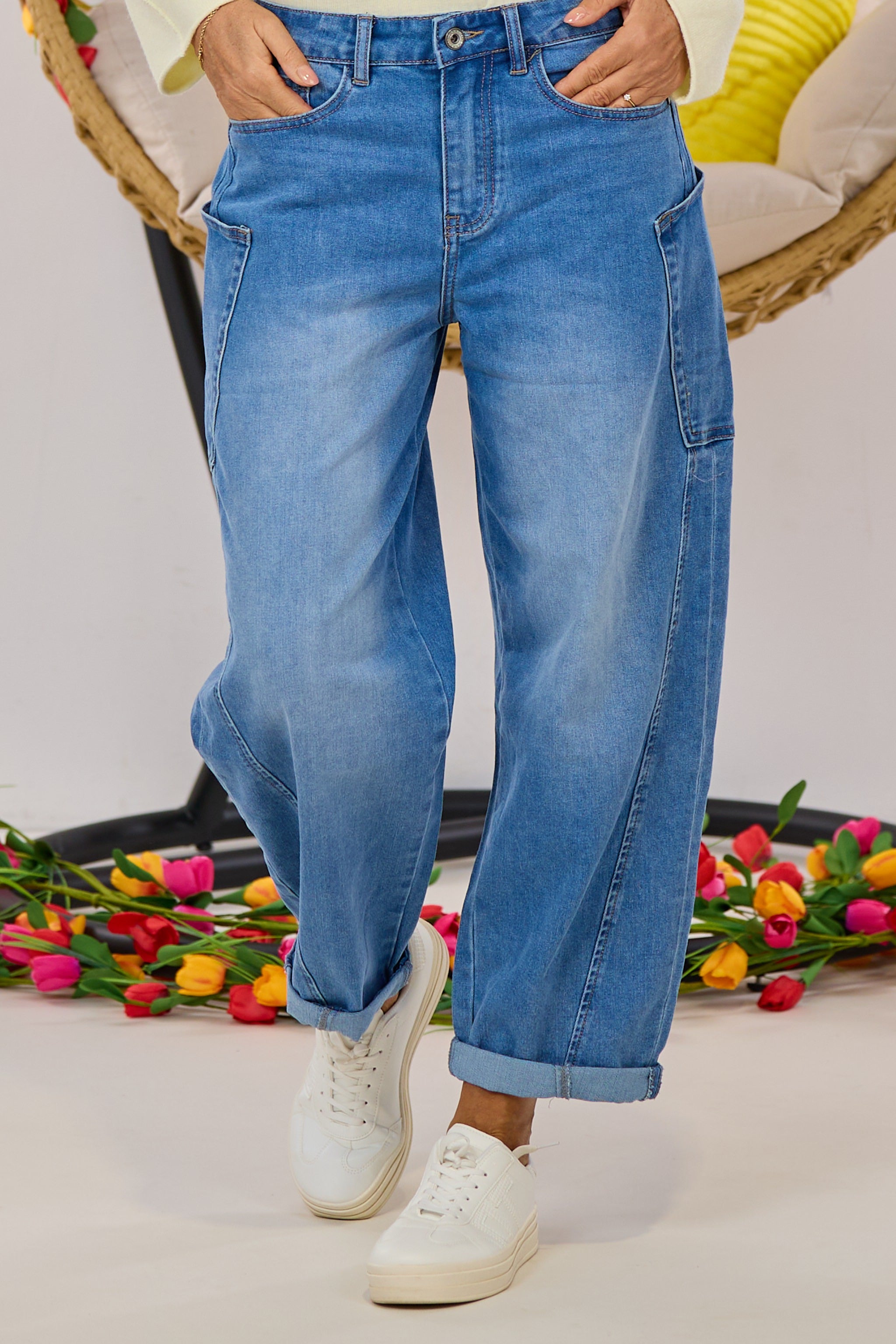 Mid Waist Balloon-Jeans mit Steppnaht, denim blue