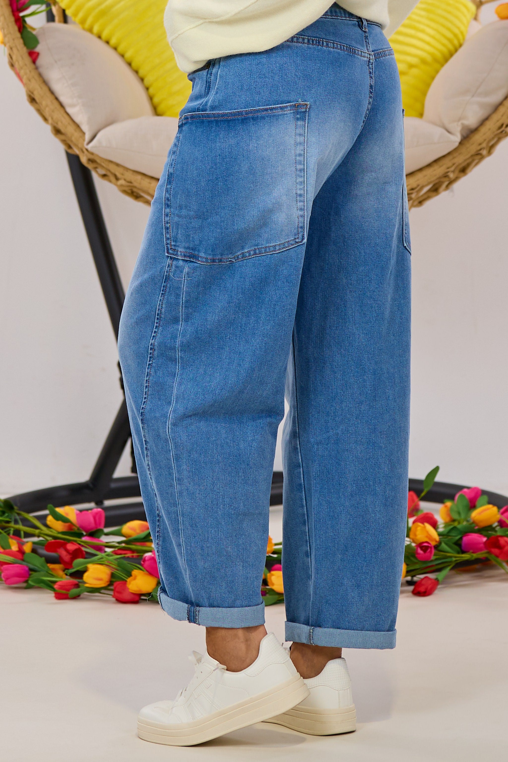 Mid Waist Balloon-Jeans mit Steppnaht, denim blue