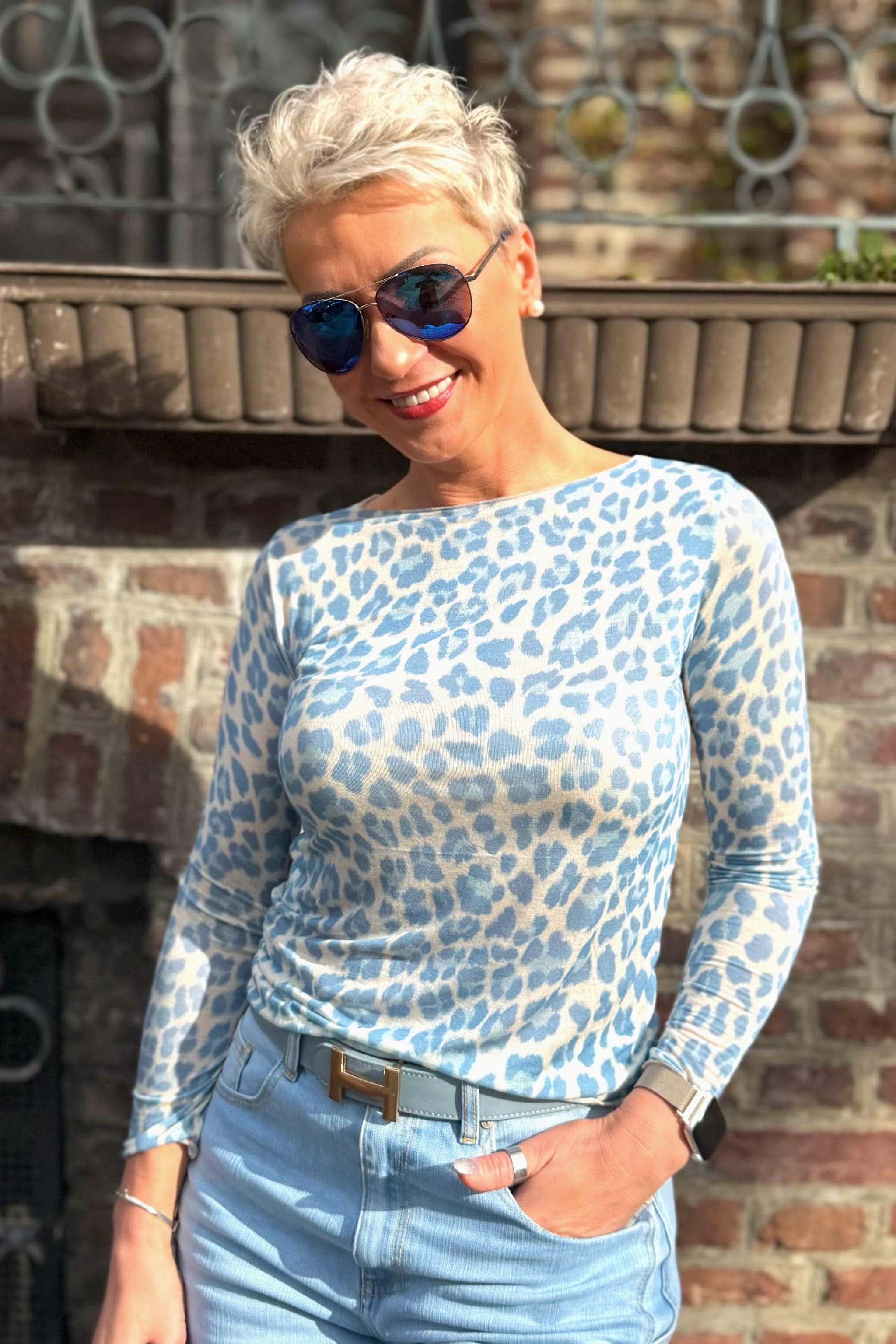 transparentes Leo-Longsleeve, ecru-hellblau