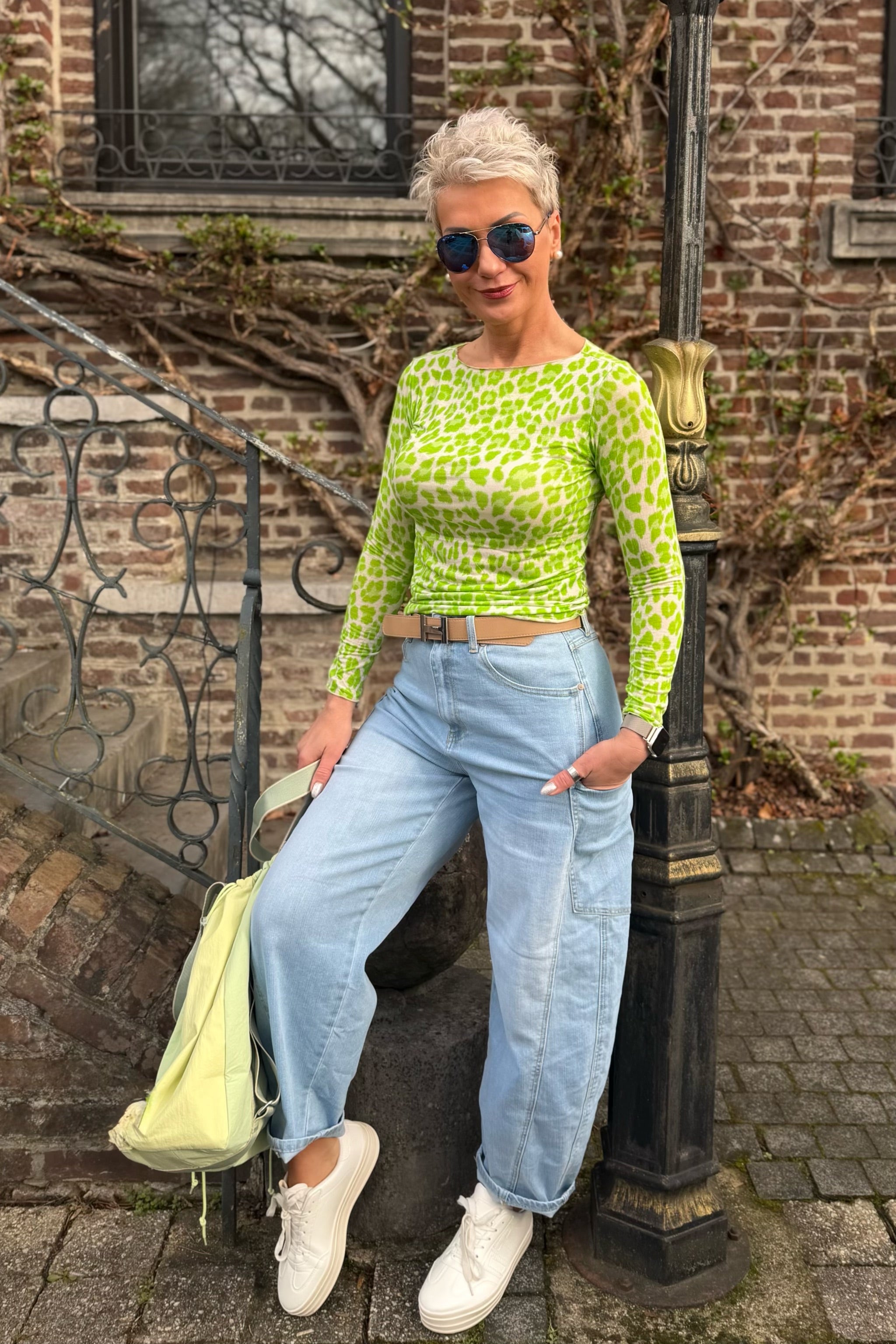 transparentes Leo-Longsleeve, ecru-apfelgrün