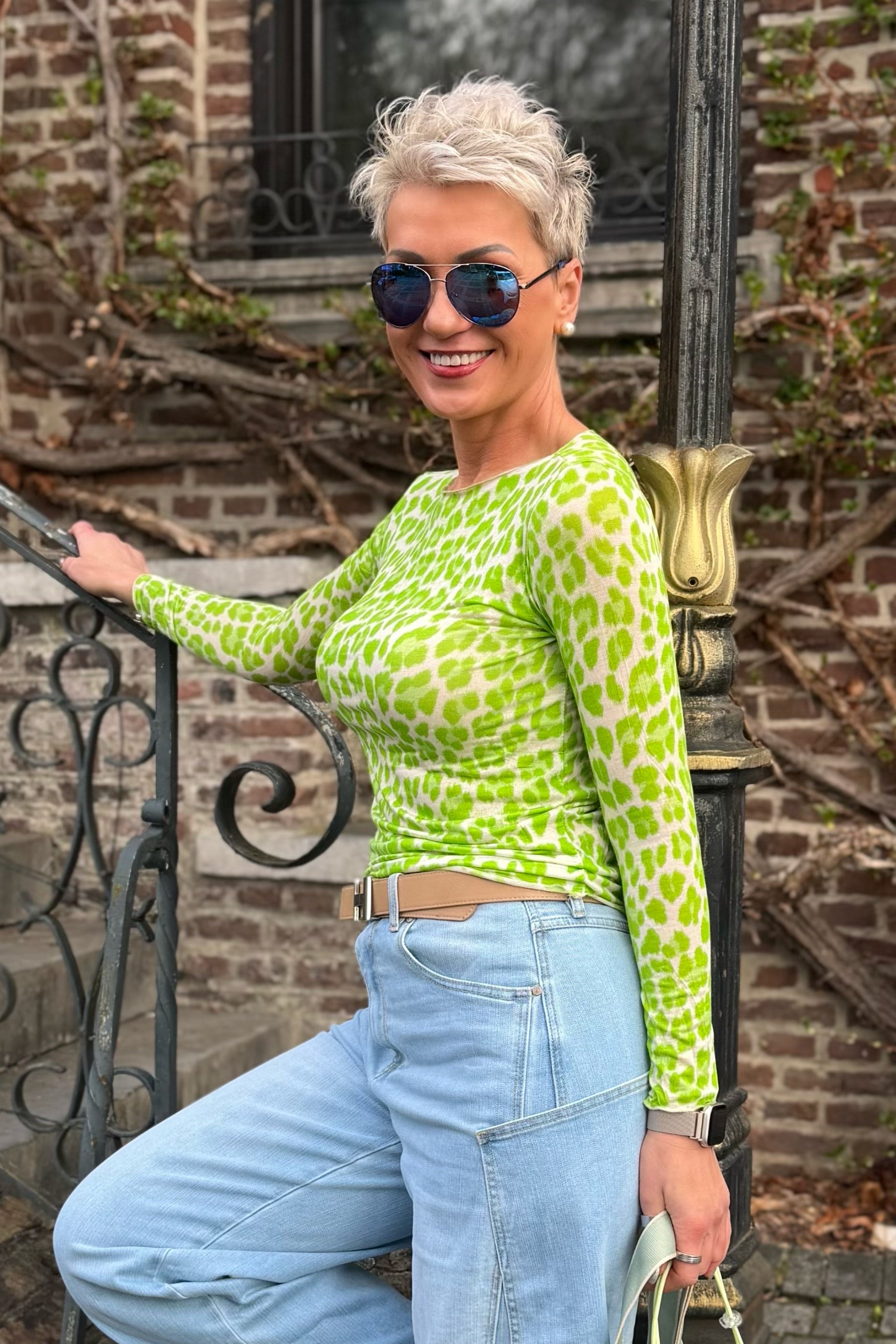 transparentes Leo-Longsleeve, ecru-apfelgrün