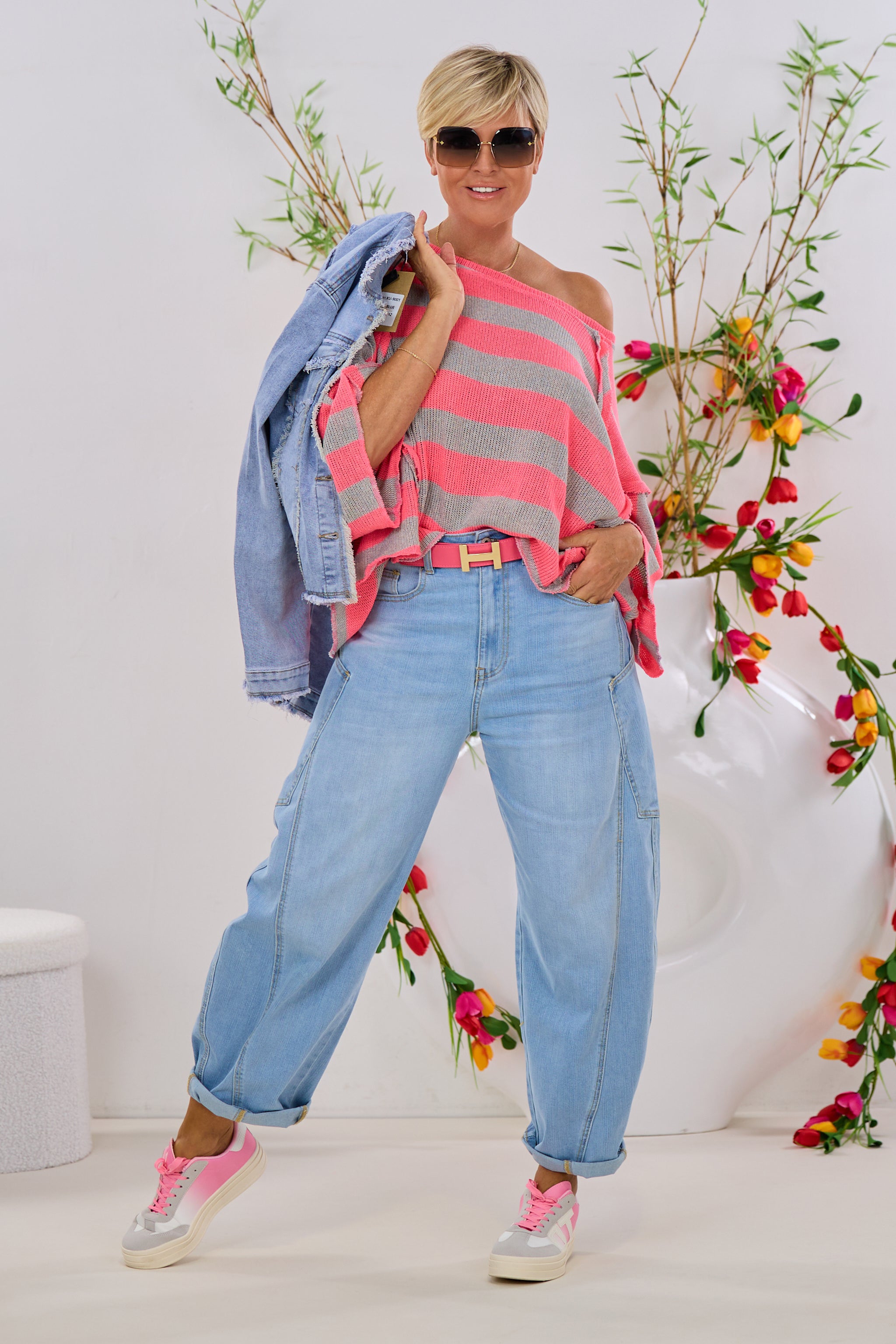 Mid Waist Balloon-Jeans mit Steppnaht, hell denim