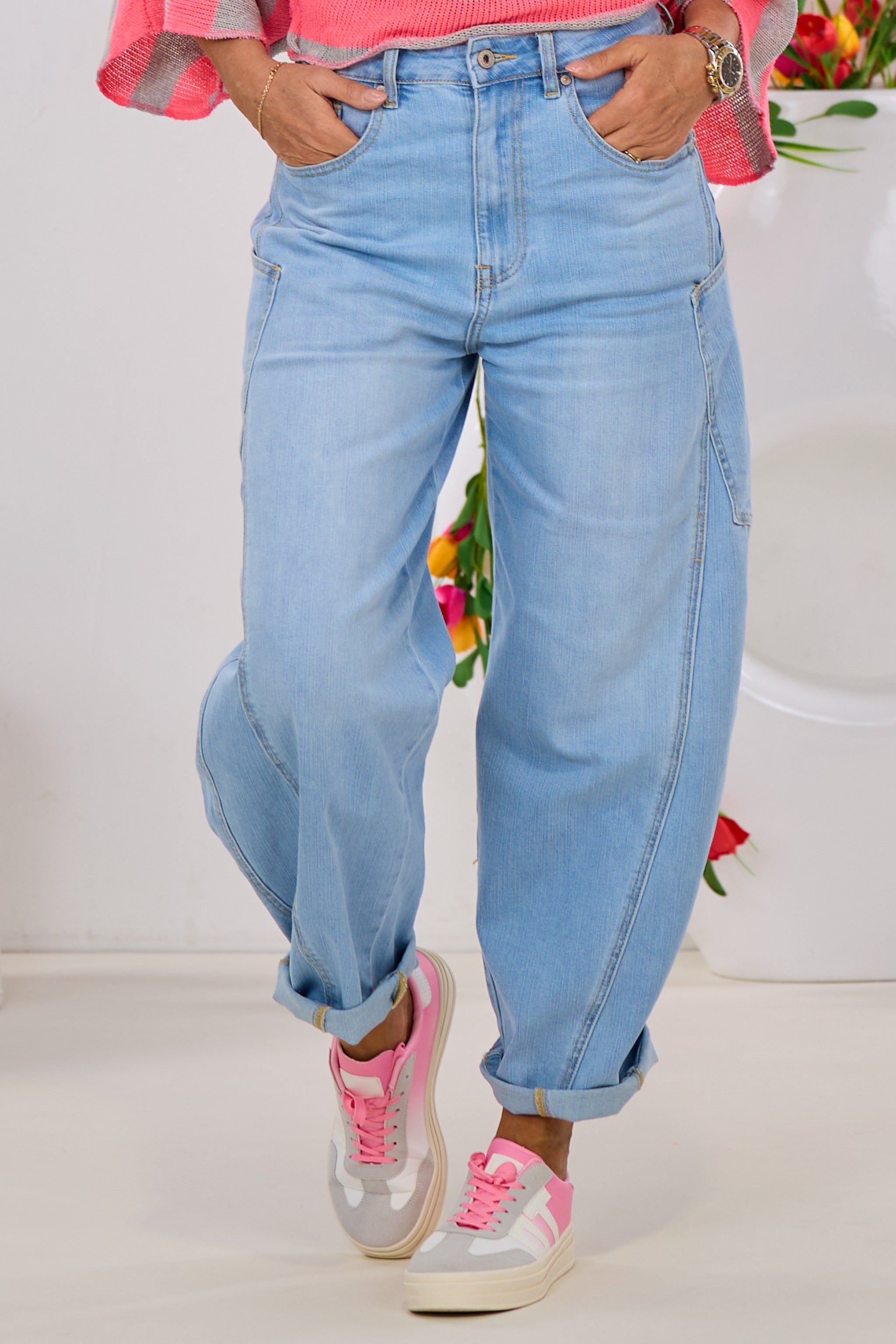Mid Waist Balloon-Jeans mit Steppnaht, hell denim